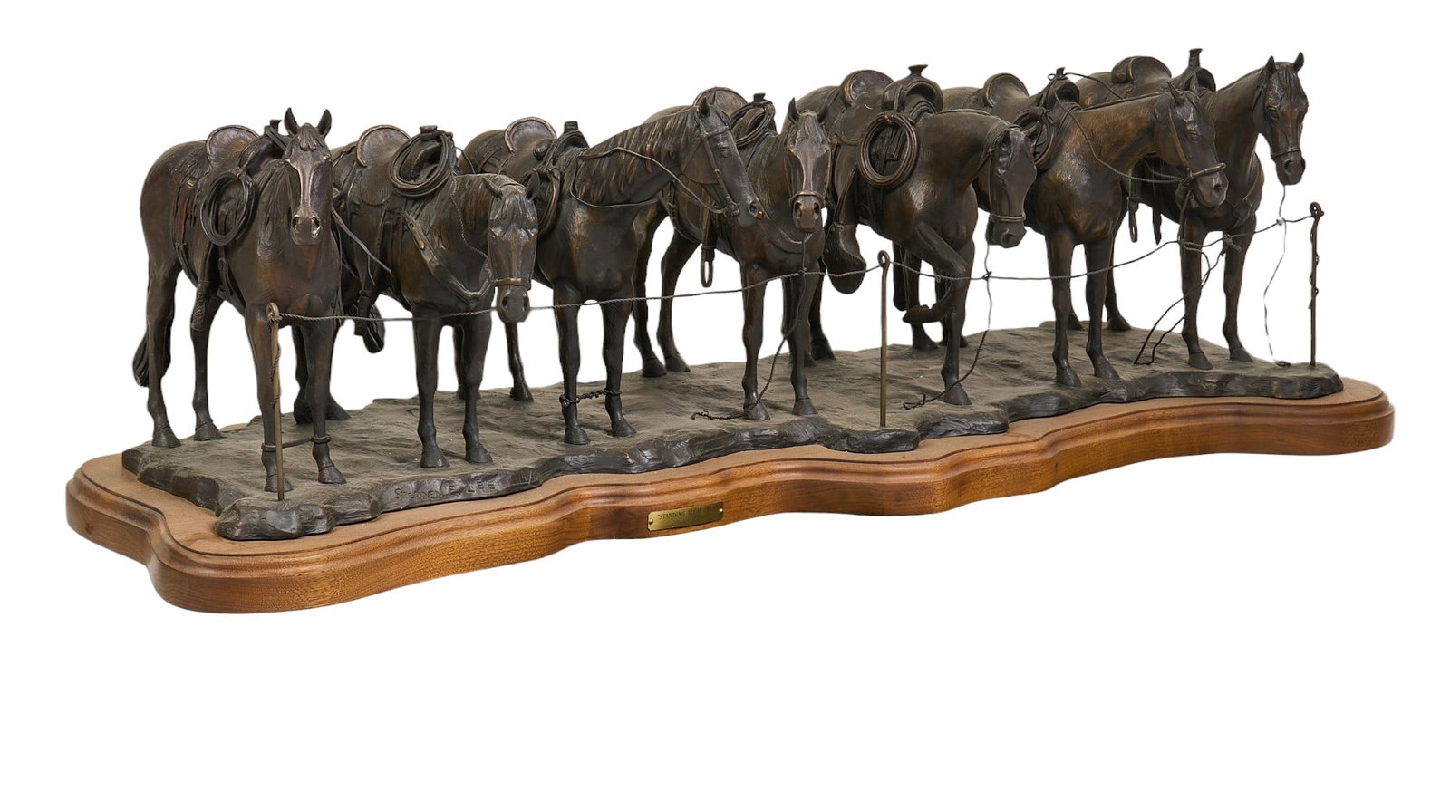 Stephen Lee, "Standing Room Only": Stephen Lee (Amer., b. 20th C.), "Standing Room Only", artist-cast bronze sculpture on wooden base, incised signature and edition number 14/15 height 15 in. x width 48 in. x depth