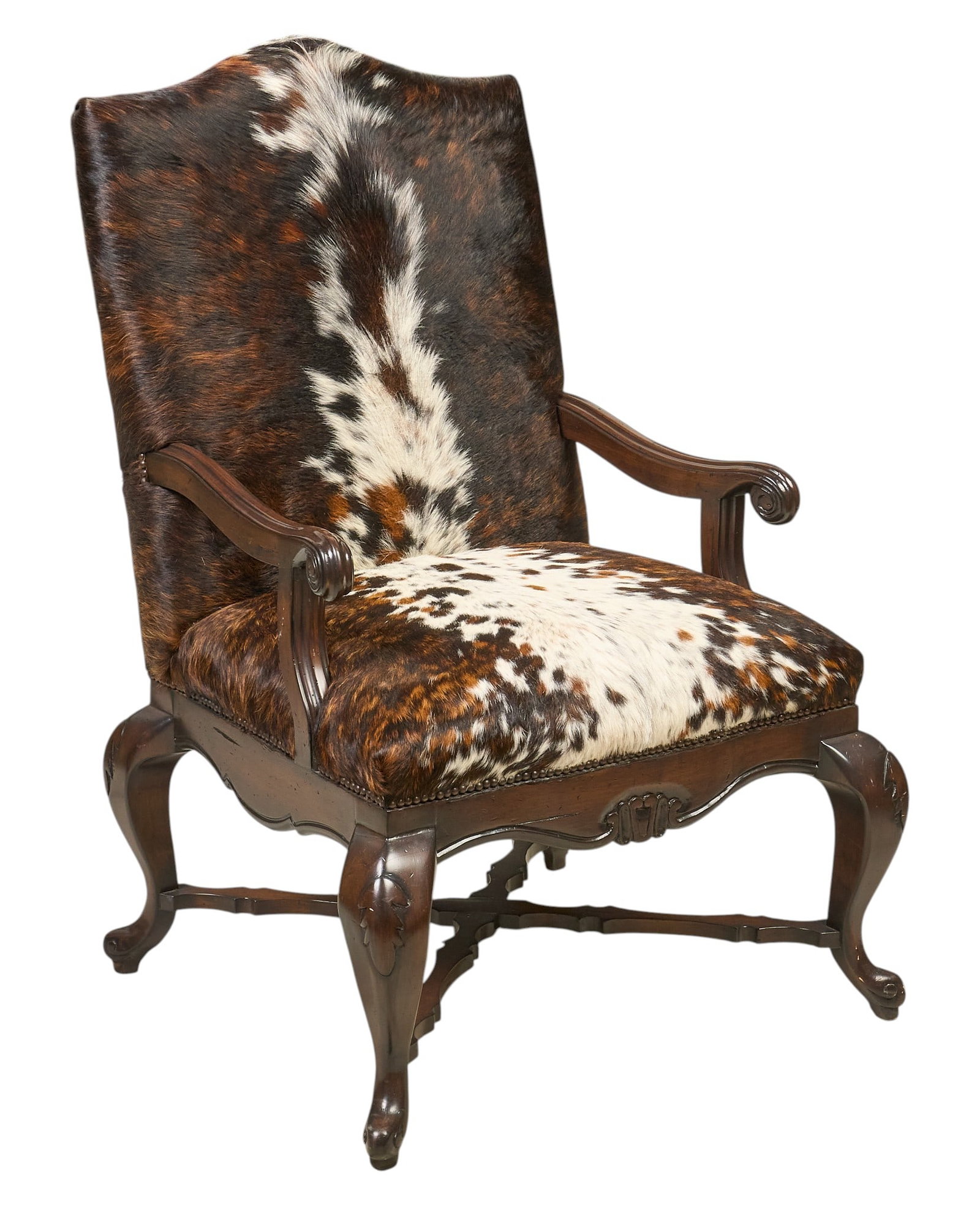 Ranch Style Pony Hide Armchair: Ranch style armchair with spotted pony hair on hide upholstery and carved frame height 47.5 in. x width 31 in. x depth 34 in. Provenance: Property from the Estate of Robert A. "Bob" Fu