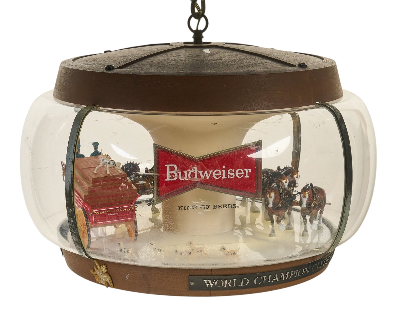 Budweiser Clydesdale Advertising Light Fixture: Vintage Budweiser Clydesdale advertising lighting fixture, with illuminated inner display featuring horse pulled carriage with crates of Budweiser beer, with dalmatian accent pieces height 15
