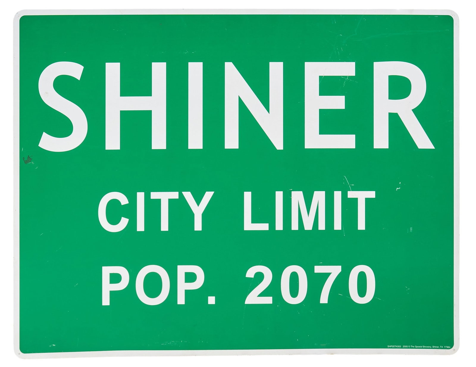 Shiner, Texas City Limit Sign: Shiner, Texas city limits sign, from year 2000 height 30 in. x width 38.5 in. Provenance: Property from a New Braunfels, Texas collector of vintage signage 