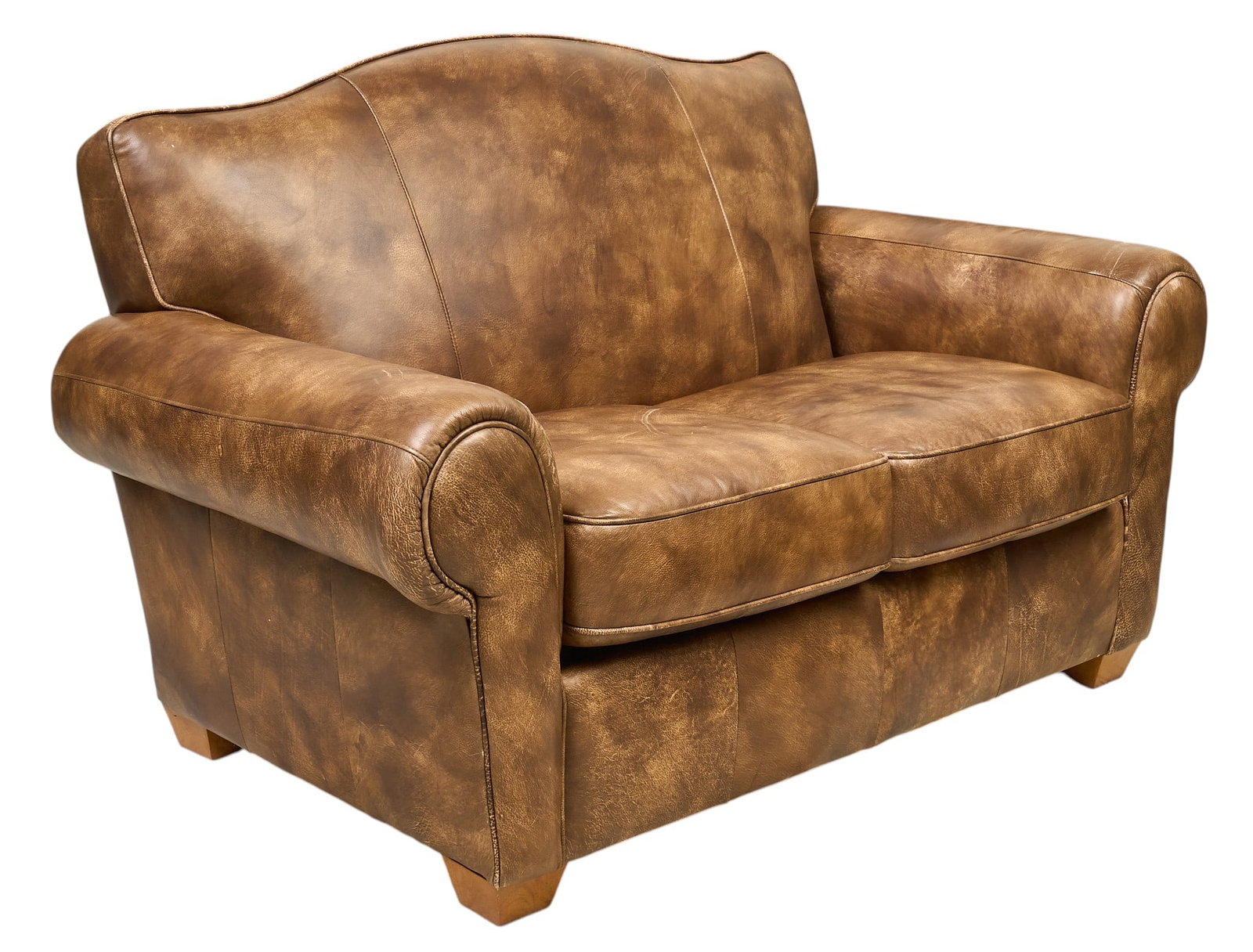 Vintage Brown Leather Loveseat: Vintage brown leather loveseat with a curved back, rolled arms, and distressed finish height 38 in. x width 62 in. x depth 39.5 in. Provenance: Property from the Estate of Robert A. "B