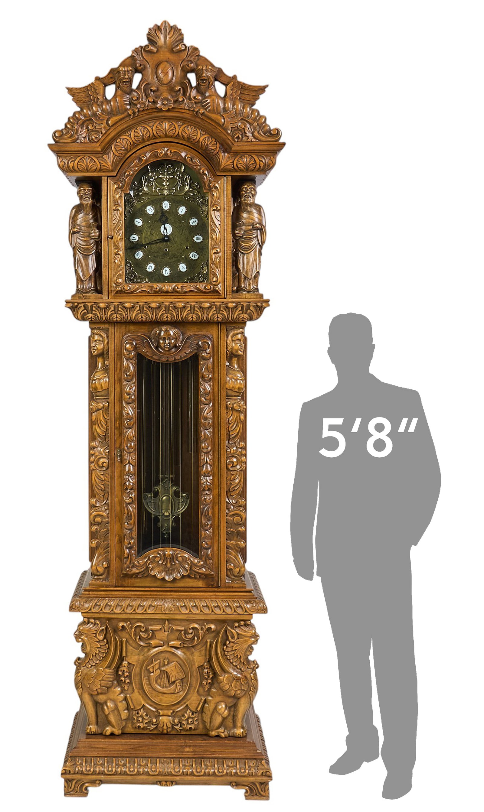 Gazo Family, Grandfather Clock: Gazo Family highly decoratively carved grandfather clock, with three weights and pendulum, circa late 20th century, untested height 110 in. x width 34 in. x depth 21 in. Provenance: Property from the