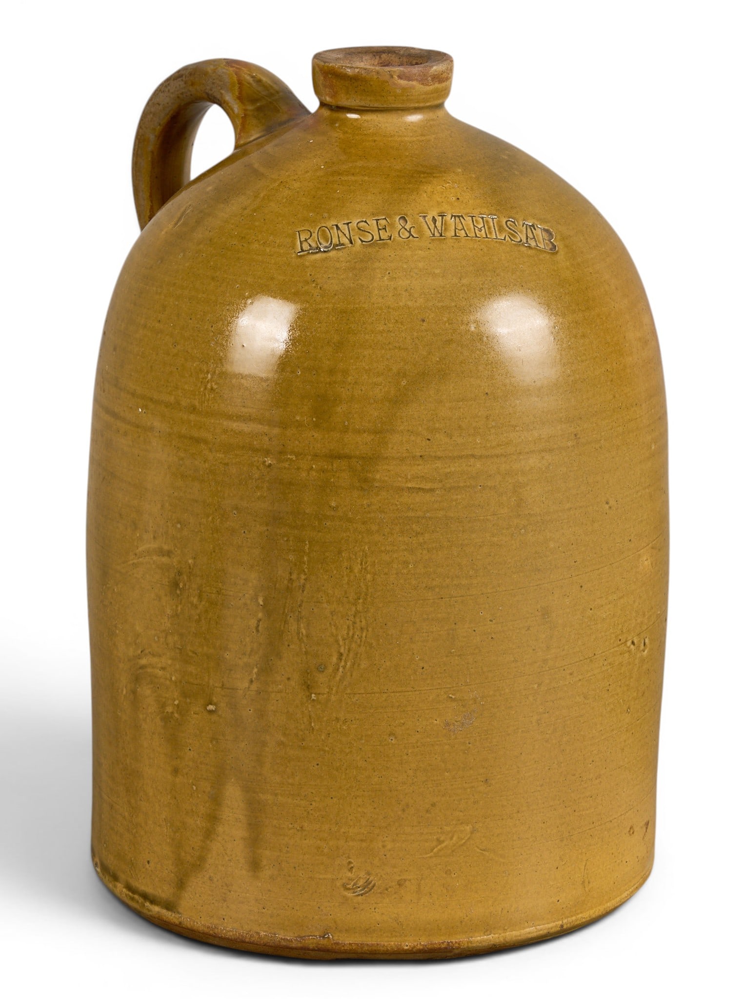 Meyer Pottery Ronse and Wahlsab Stoneware Jug: Rare Meyer Pottery (Atascosa, Texas) stoneware jug, Leon Slip glaze, embossed with maker's signature "Ronse & Walhsab" at top height 13 in. x width 7.5 in. x depth 7.5 in. Prov