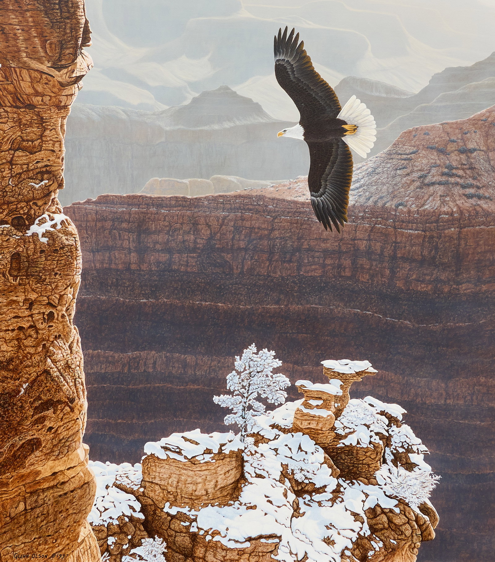 Glenn Olson, "Grand and Glorious": Glenn Olson (Canada, b. 1945), "Grand and Glorious’", view of bald eagle, acrylic on panel, signed and dated lower left, 1997 sight: 32 x 28 in., frame: 44 x 48 in.