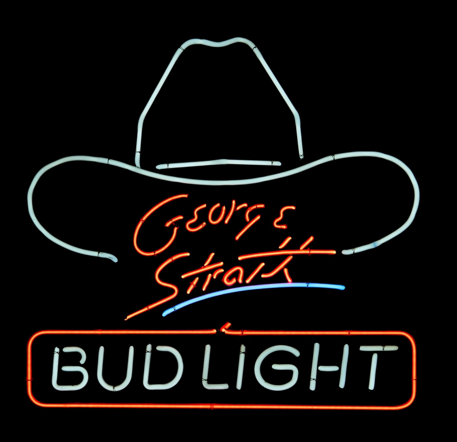Bud Light George Strait Neon, 1992: Vintage Bud Light George Strait neon sign, dated September 1992 height 30 in. x width 30 in. x depth 7 in. Provenance: Property from a New Braunfels, Texas collector of vintage signage 