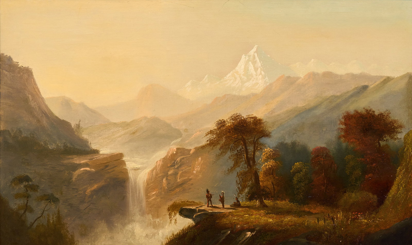 19th C. Western Landscape: Antique circa nineteenth-century American Western landscape painting, oil on canvas, appears not signed sight: 22 x 36 in., frame: 30 x 44 in. Provenance: Property from the Estate of Robert