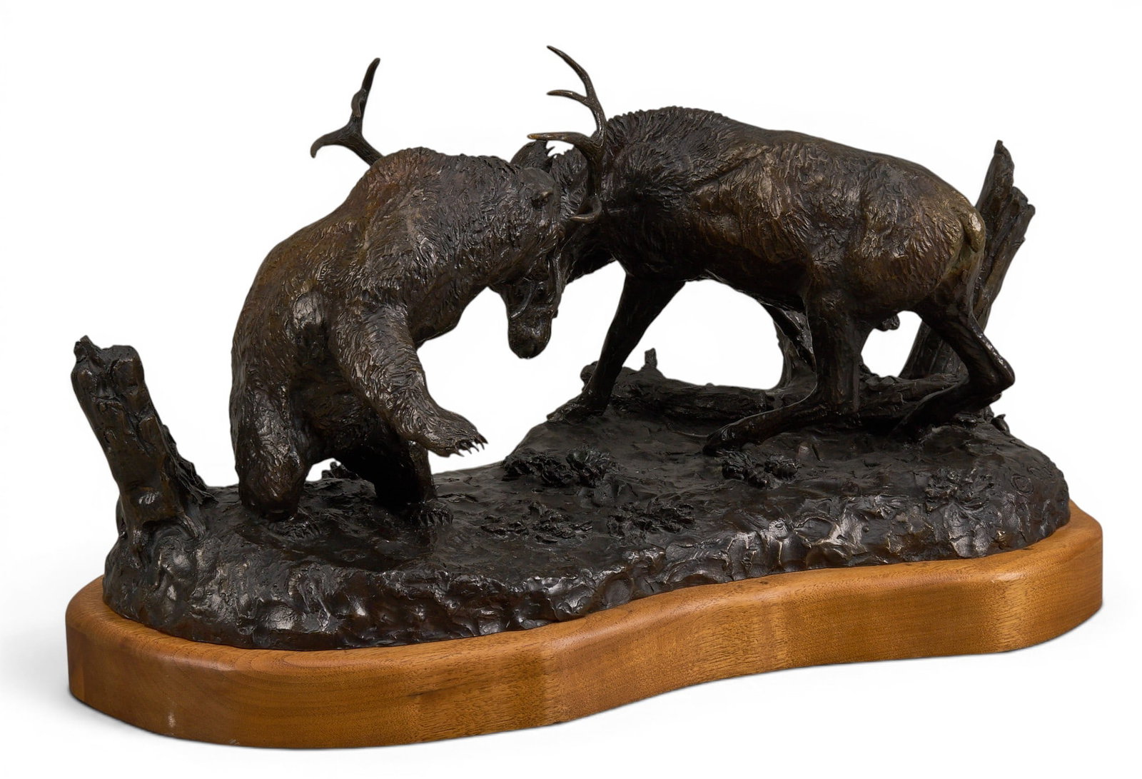 Bill Ohrmann, Bear and Elk: William Robert Ohrmann (Montana, 1919-2014), bear and elk fighting, artist-cast bronze sculpture on wooden base, incised signature and date, 1981 height 12 in. x width 20 in. x depth 11 in.
