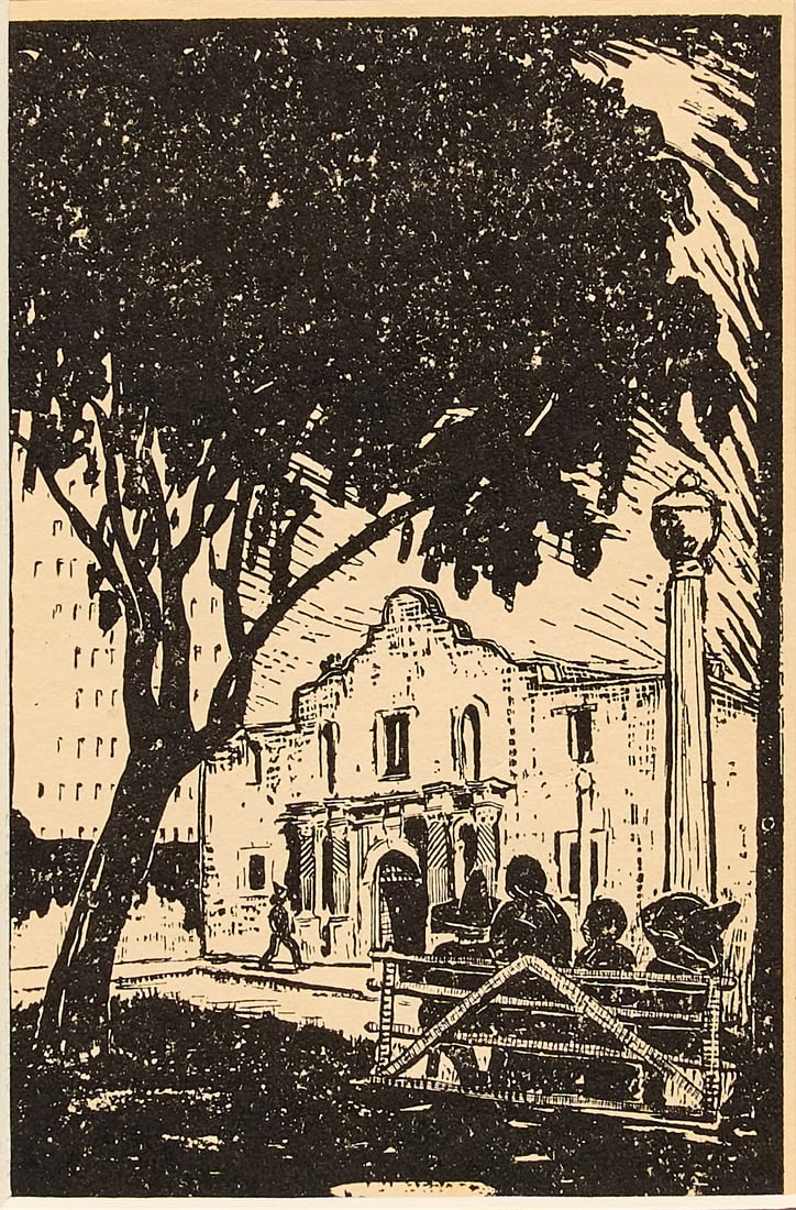 Mary Bonner, The Alamo: Mary Anita Bonner (Texas / France, 1887-1935), "Mission San Antonio de Valero 'The Alamo' - 1718", circa 1928, woodblock print postcard produced for the San Antonio Conservation