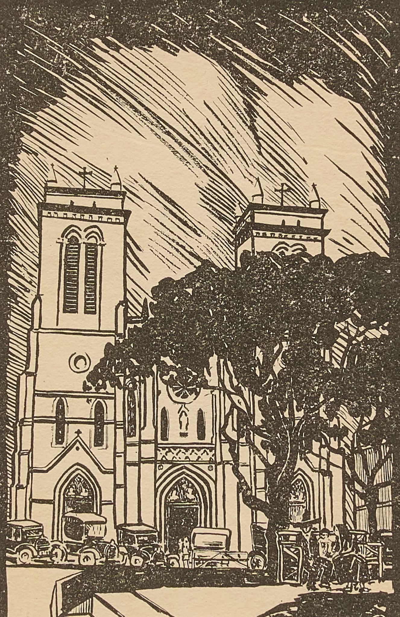 Mary Bonner, San Fernando Cathedral: Mary Anita Bonner (Texas / France, 1887-1935), "Catedral de San Fernando - 1730", circa 1928, woodblock print postcard produced for the San Antonio Conservation Society fundraising efforts