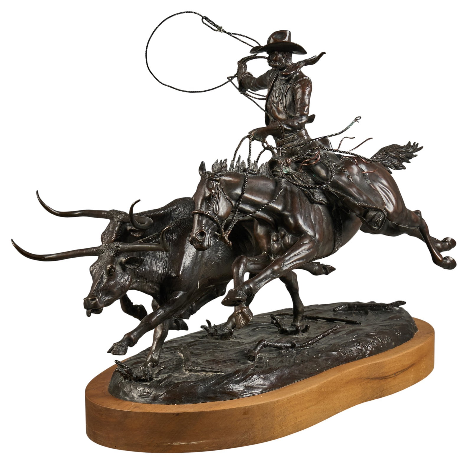Jim Stuckenberg, "On the Open Range": Jim Stuckenberg (Missouri, b. 1953), "On the Open Range", artist-cast bronze sculpture on wooden base, ed. 12/45, dated 2006 height 17 in. x width 24 in. x depth 13 in. Provenance: Property