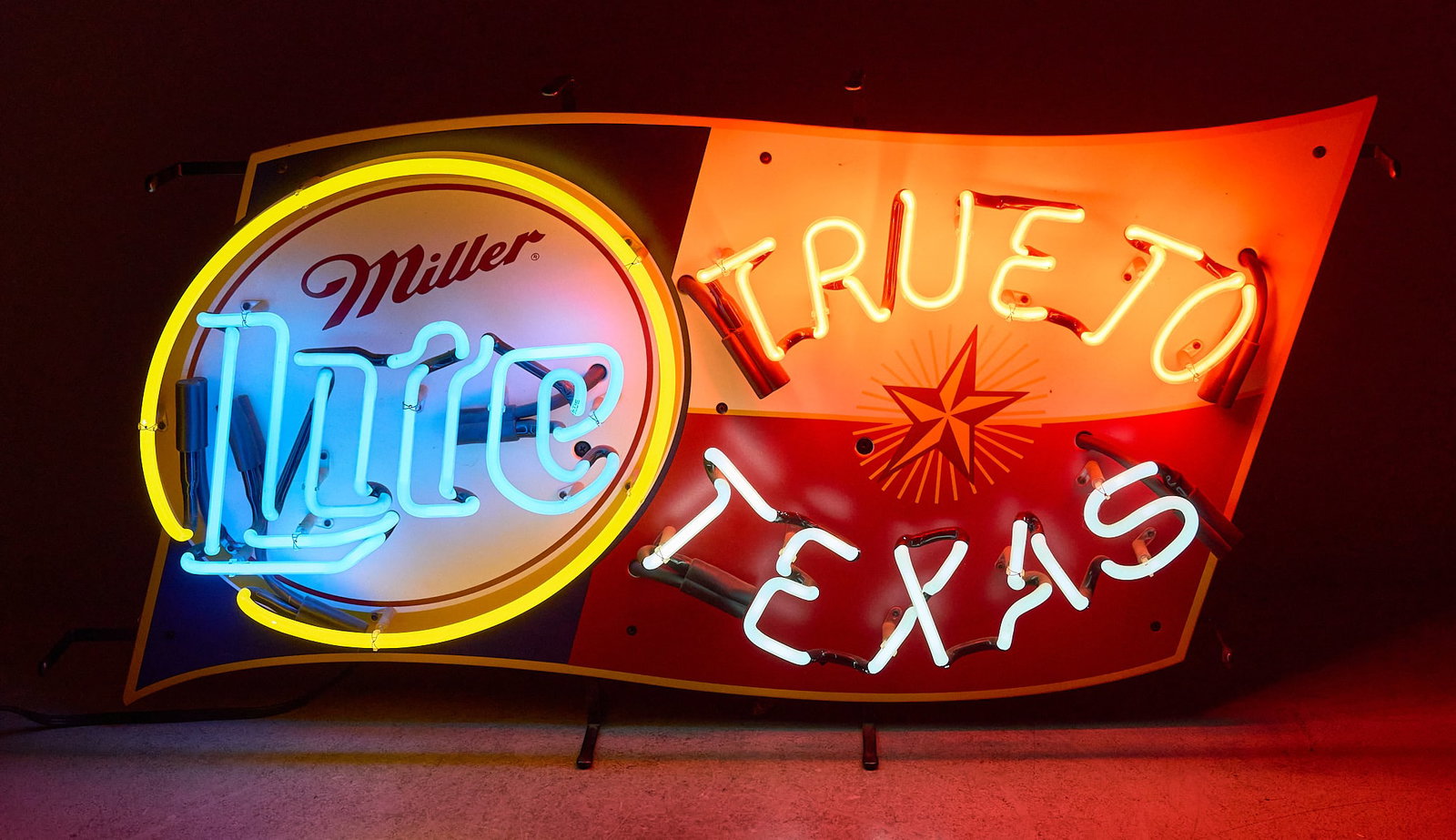 Miller Lite True to Texas Neon Sign, 1999: Vintage Miller Lite Beer True to Texas neon sign, dated July 8th 1999 height 19 in. x width 36 in. x depth 5.5 in. Provenance: Property from a home in San Antonio, Texas 