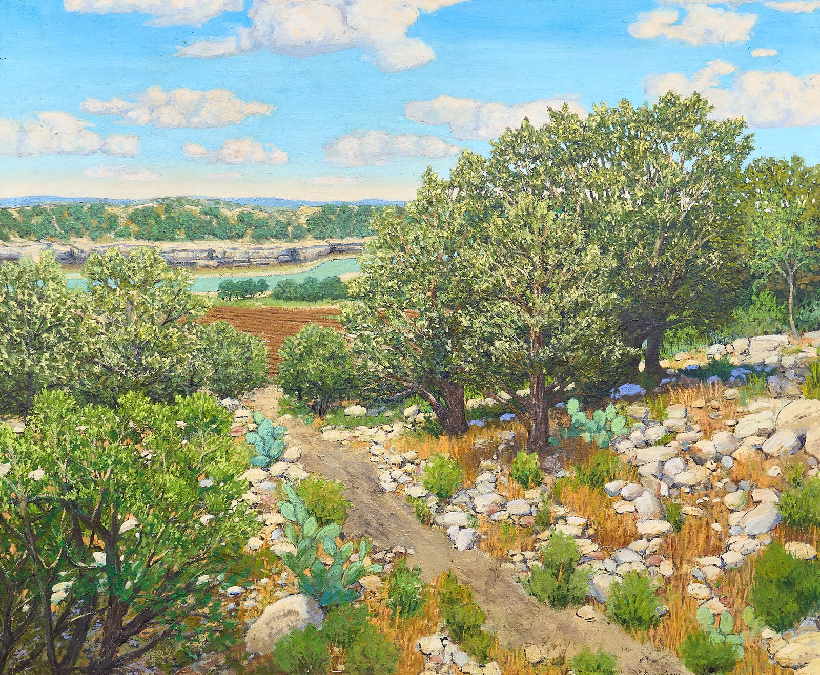 Jerry Greenberg, Texas Hill Country: Jerry Greenberg (Texas, b. 1946), vista in the Texas Hill Country, oil on canvas, signed lower right, titled on the stretcher bar sight: 40 x 48 in., frame: 43 x 51 in. Provenance: Property from