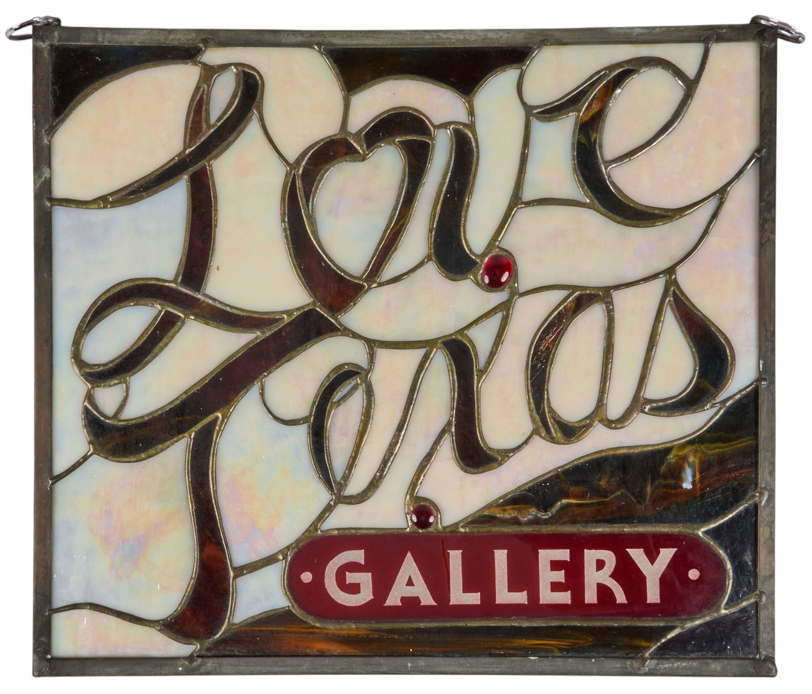 Love Texas Slag Glass Sign: Vintage slag glass "Love Texas" sign from Jacqui von Honts' gallery in the San Antonio, Texas Airport, circa 1980s-1990s height 15.5 in. x width 13.5 in. Provenance: Property from