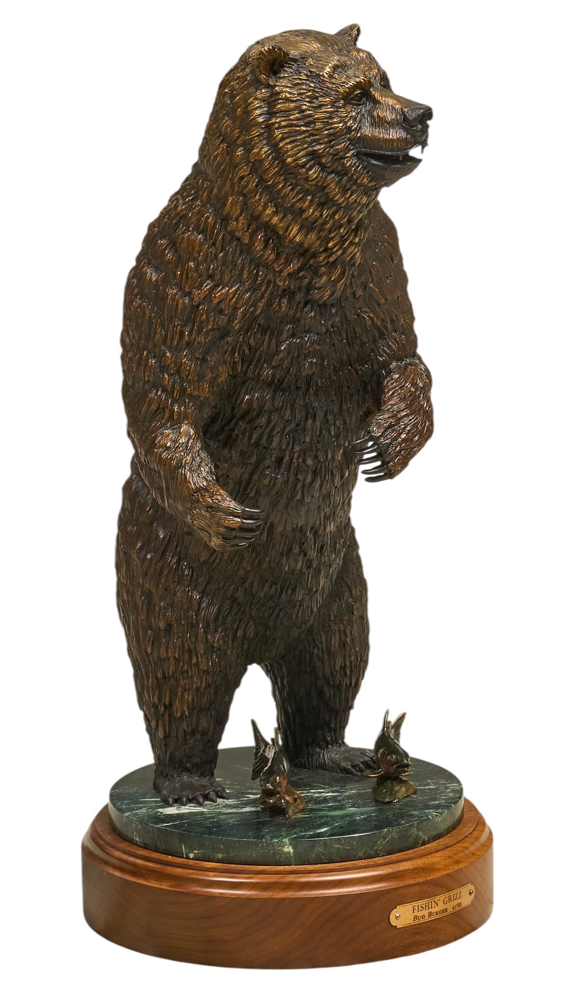 Bud Burger, "Fishin' Grizz": Bud Burger (Amer., b. 20th C.), "Fishin Grizz", artist-cast bronze sculpture on stone and wood base, incised signature and edition number 4/50 height 26 in. x width 12 in. x depth 13 in.