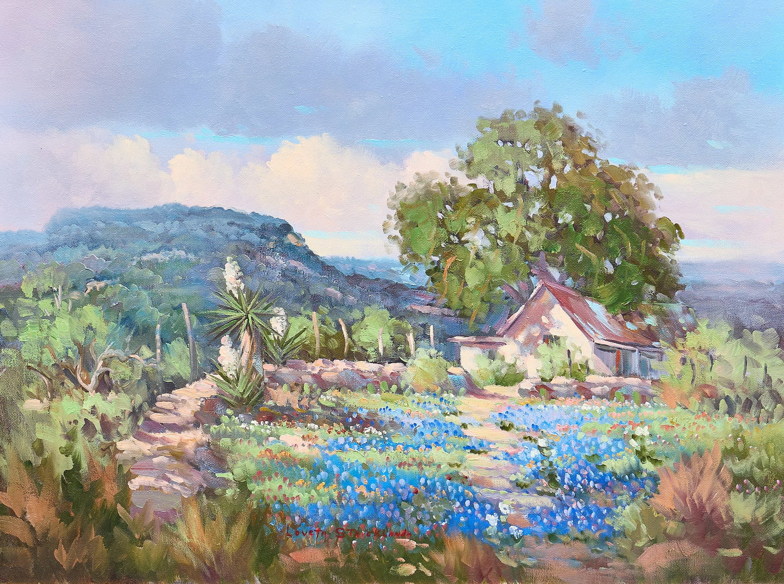 Loveta Strickland, Bluebonnet Garden: Loveta Strickland (Texas, 1924-2025), Texas home with bluebonnets, oil on canvas, signed lower center sight: 18 x 24 in., frame: 28 x 34 in. Provenance: Property from an Arlington, Texas