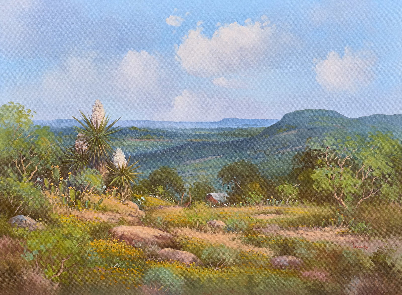 Loveta Strickland, Hill Country Cabin: Loveta Strickland (Texas, 1924-2025), Hill Country cabin with wildflowers, oil on canvas, signed lower right sight: 18 x 24 in., frame: 26.5 x 32.5 in. Provenance: Property from an