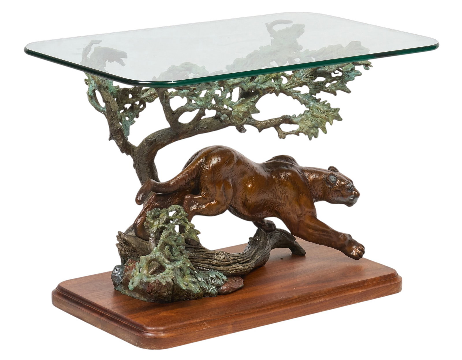 Daniel Parker, Mountain Lion Accent Table: Daniel Ray Parker (Amer., b. 1959), mountain lion bronze base accent table, artist-cast bronze with incised signature and edition number 20/49, with custom beveled glass top height 22 in. x width 32