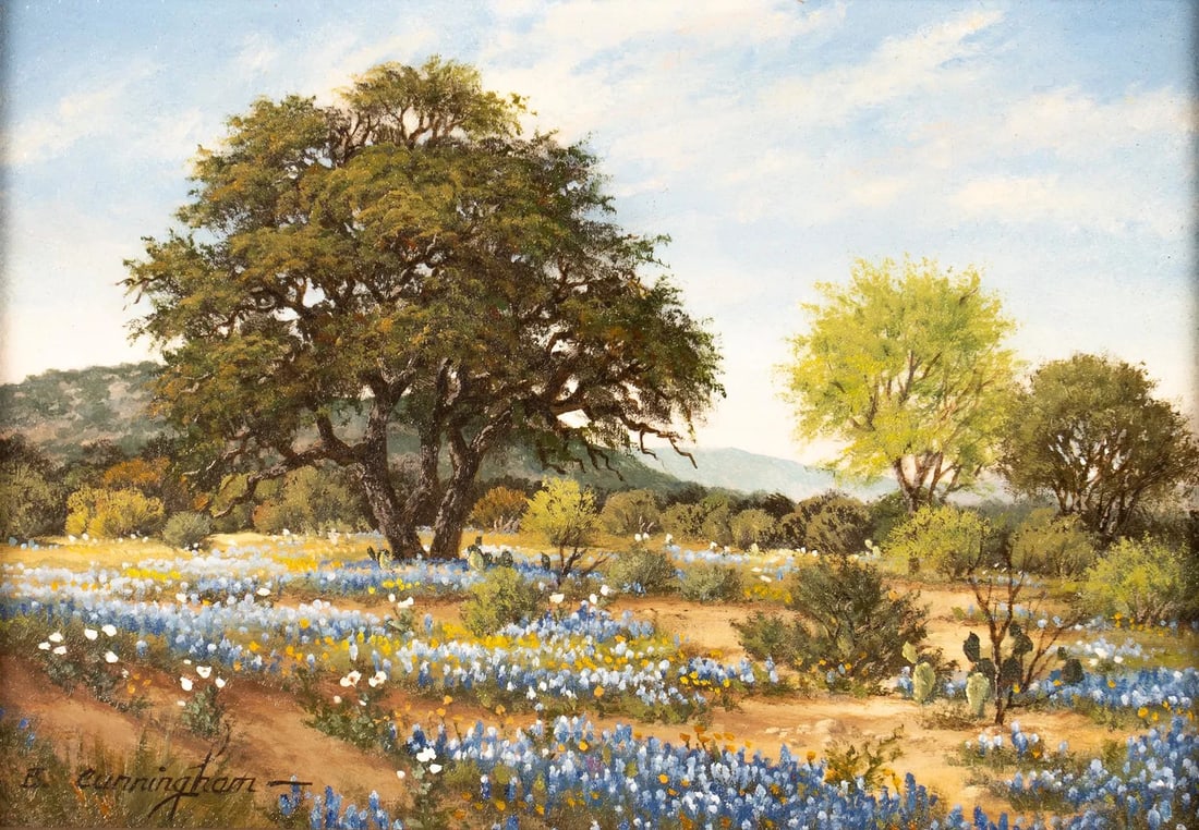 Barbara Cunningham, "Oak Tree and Bluebonnets": Barbara Cunningham (Amer., 20th-21st C.), "Oak Tree and Bluebonnets", oil on artist board, signed lower left, titled on the verso sight: 5 x 7 in., frame: 11.5 x 13.5 in. Provenance: