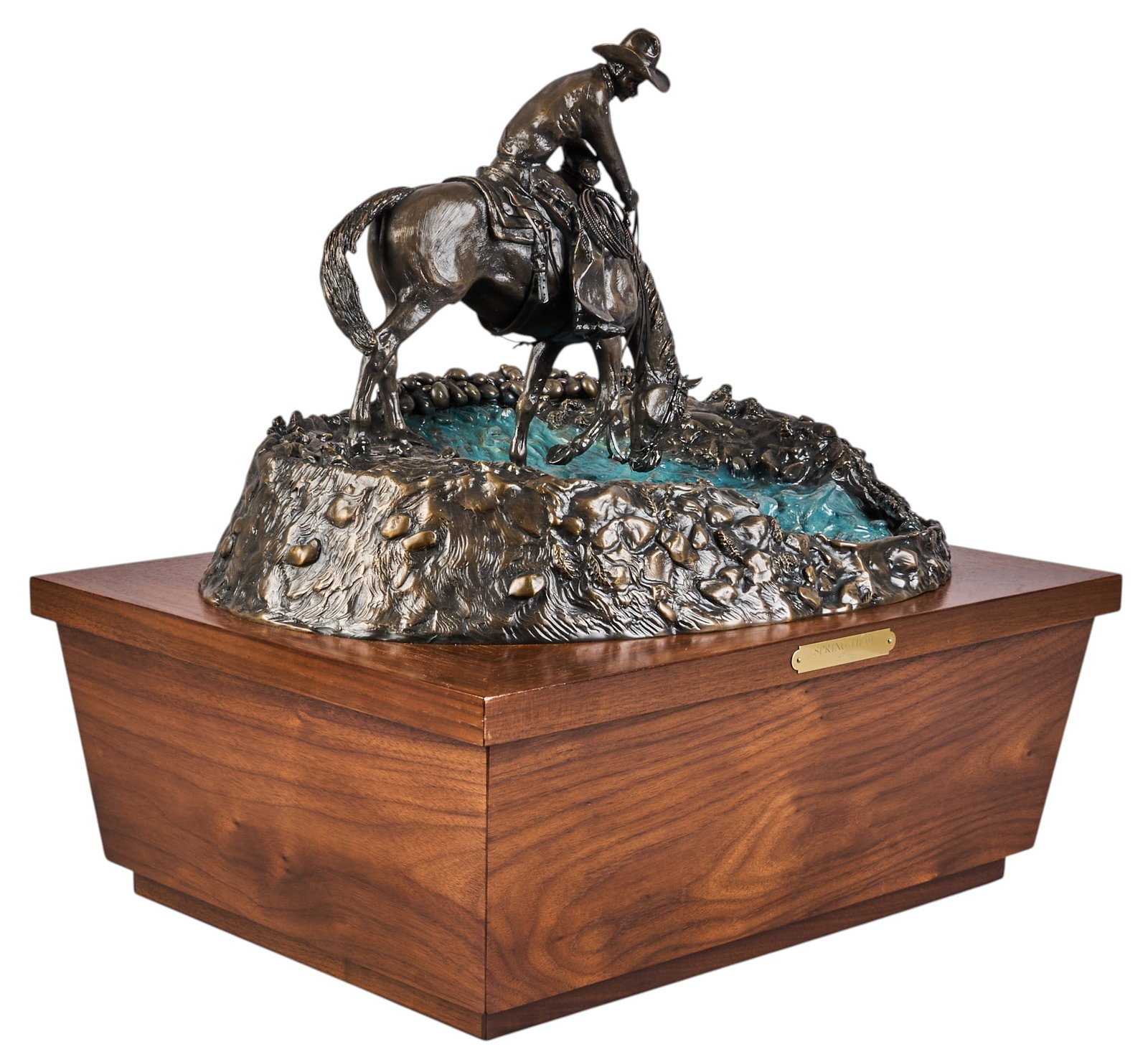 Gina McDougall, "Spring Thaw": Gina Cohoe McDougall (Amer. / Canada, 1927-2014), "Spring Thaw", artist-cast bronze sculpture fountain on wooden base with electrical components, inscribed signature, edition number,