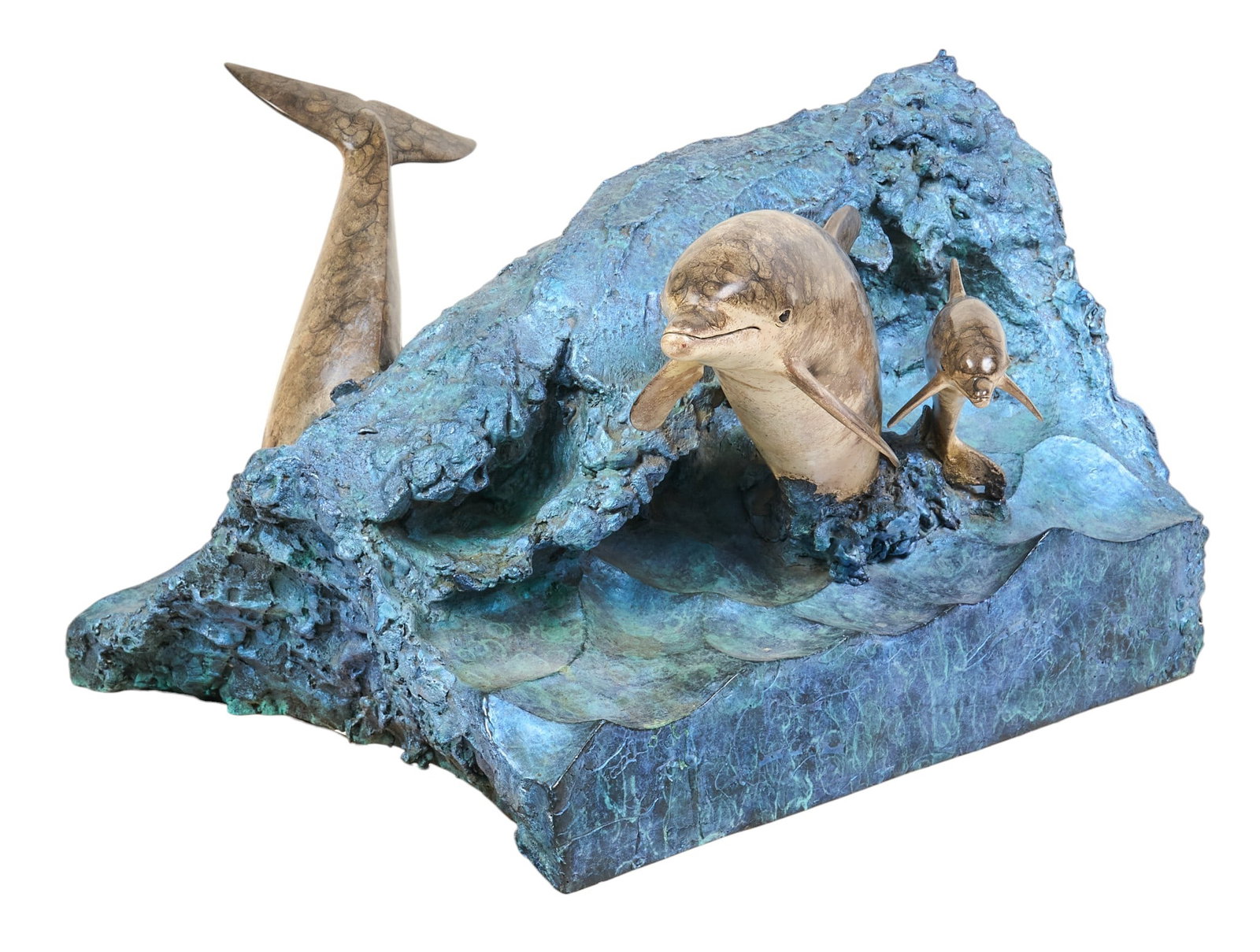 Robert Wyland, Dolphin Bronze Table: Robert Wyland (California / Michigan, b. 1956), dolphins in cresting waves, artist-cast bronze sculpture, incised signature, edition number 47/450, with custom beveled glass top height 16.5 in.