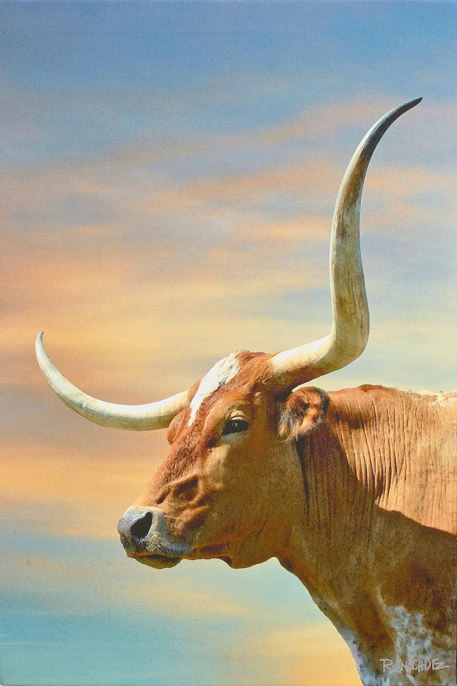Robert Anschutz, "Big Horns": Robert Anschutz (Texas, 20th-21st C.), "Big Horns", archival pigmented canvas wrap photographic print, signed lower right size: 35 x 20 in. Provenance: Property from a Wimberley, Texas art