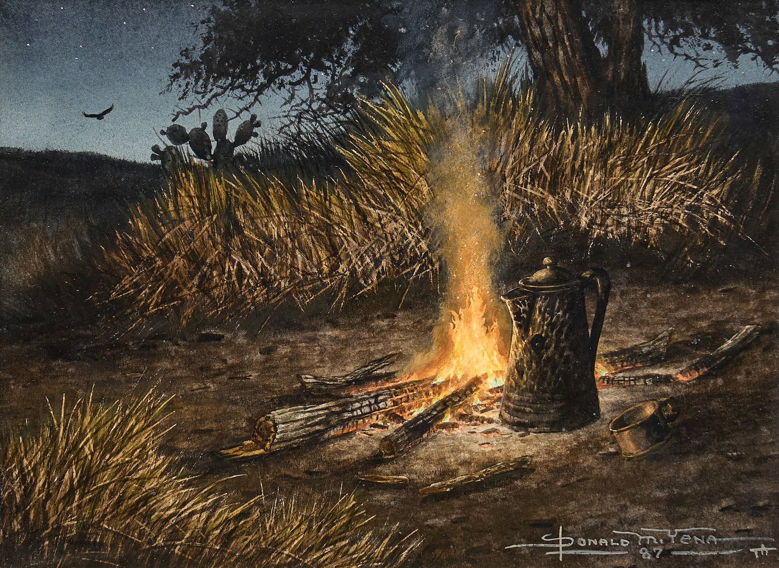 Donald Yena, "Fire and Coffee", 1987: Donald M. Yena (Amer., b. 1933), "Fire and Coffee", watercolor on watercolor board, signed and dated lower right, 1987, inscribed on the verso with signature, title, and date;