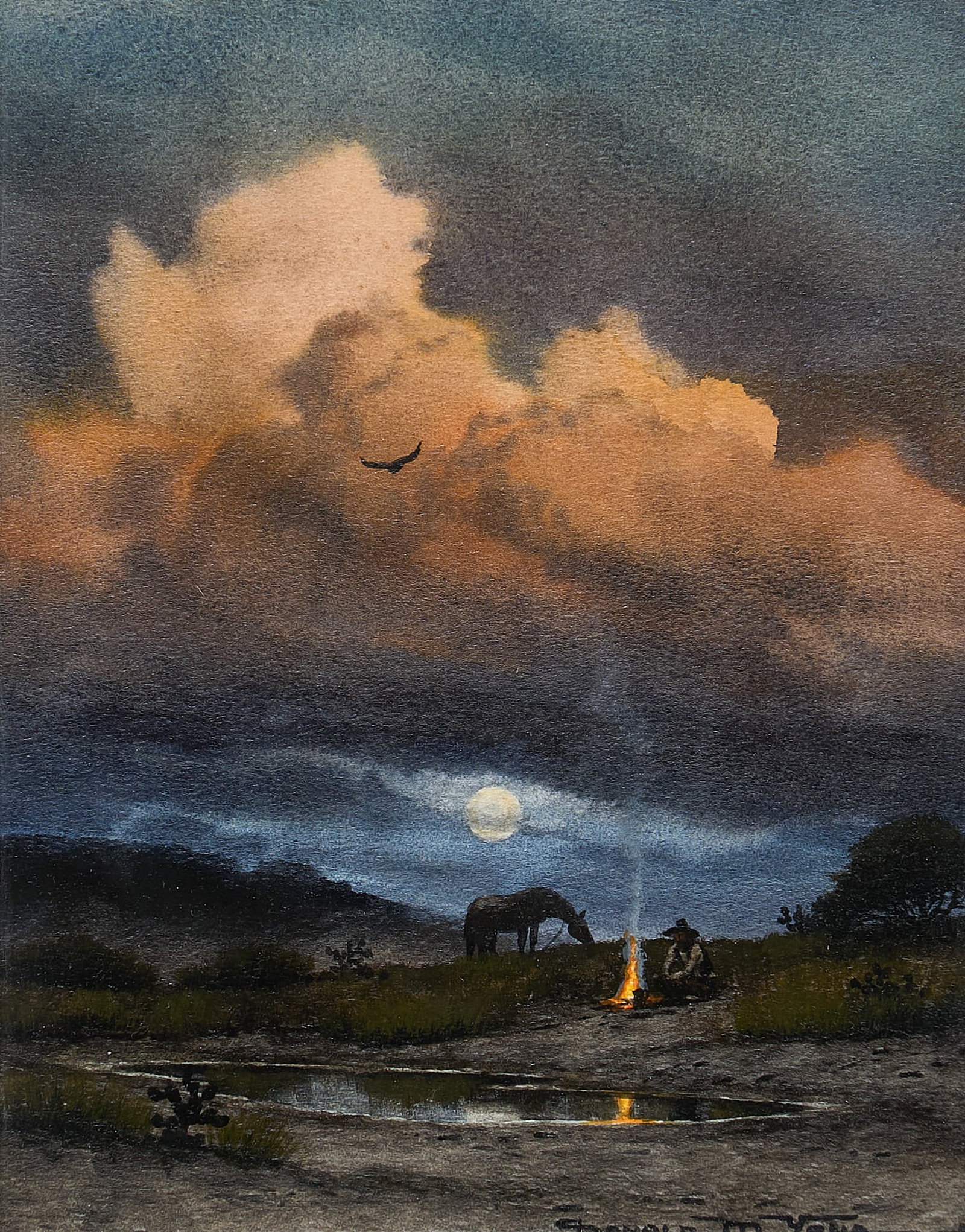 Donald Yena, "Moonlight and the Clouds", 1987: Donald M. Yena (Amer., b. 1933), "Moonlight and the Clouds", watercolor on watercolor board, signed and dated lower right, 1987, inscribed on the verso with signature, title, and date