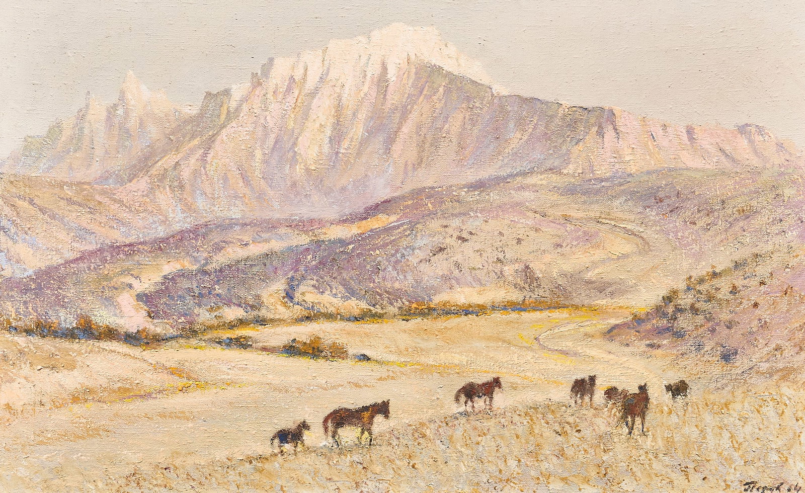 Alexander Perov, Landscape with Horses: Alexander Perov, (Uzbekistan, 1936-2008), view of landscape with horses, oil on canvas, signed lower right, inscribed on the verso with title, signature, and date, 2004 sight: 19.5 x 31.5