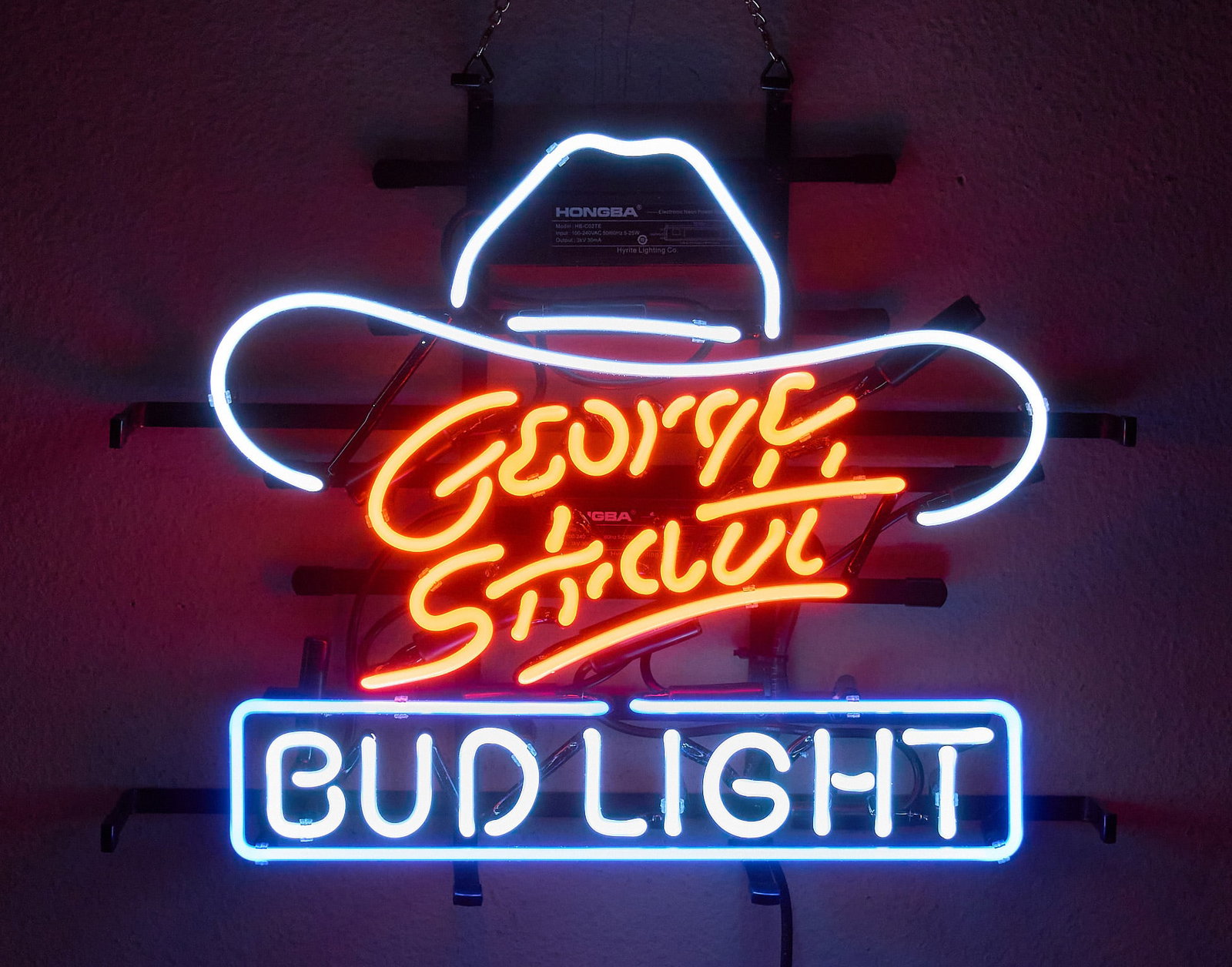Bud Light Beer George Strait Neon Sign, 21st C.: Bud Light Beer neon sign featuring cowboy hat and stylized lettering for American country music singer, actor, and music producer George Strait, circa 21st century height 14 in. x width 16 in. x