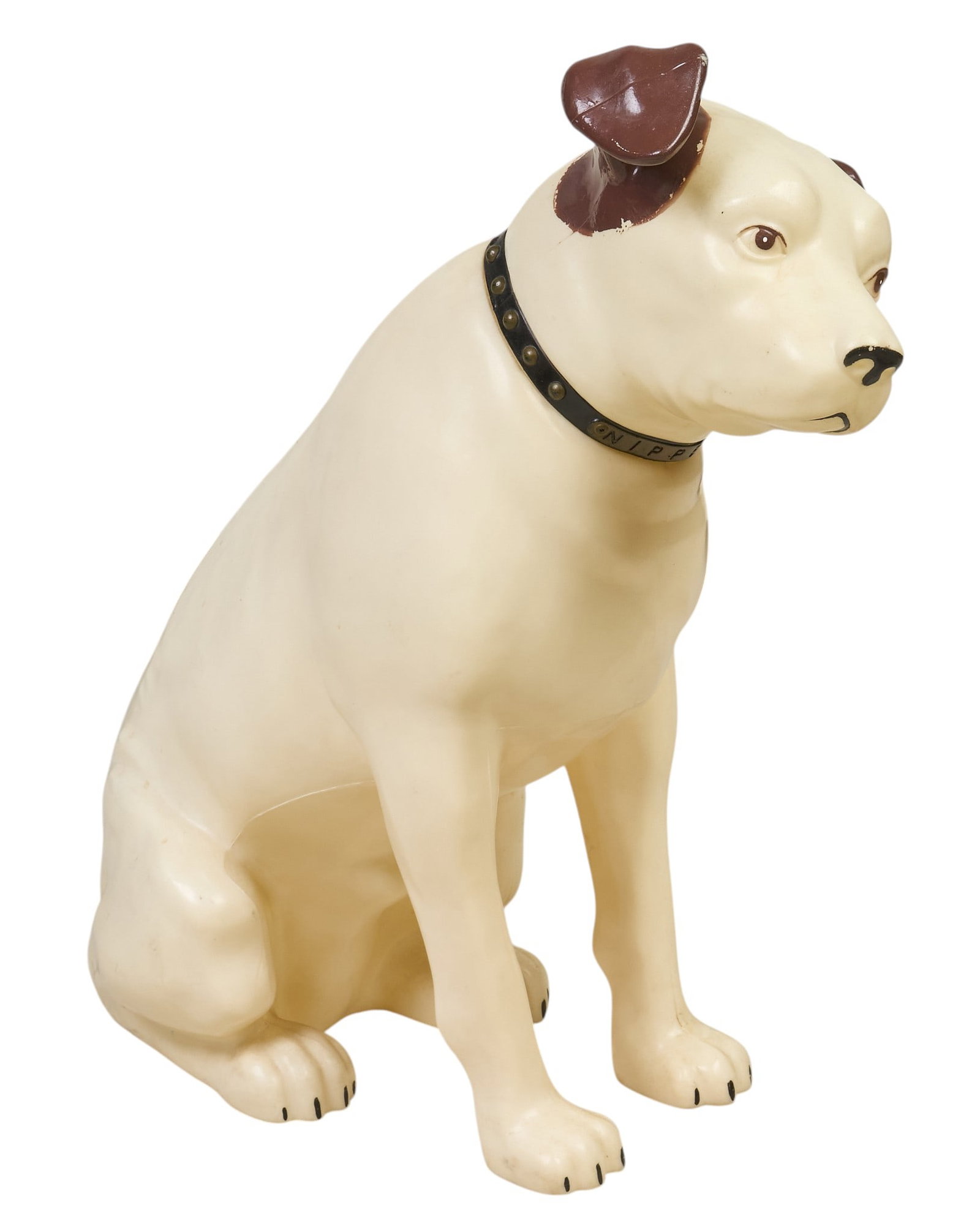 Vintage "Nipper" RCA Dog Sculpture: Vintage sculpture of "Nipper," the iconic Radio Corporation of America (RCA) dog, with a collar and brown accents on the ears and nose height 37 in. x width 16 in. x depth 36 in.