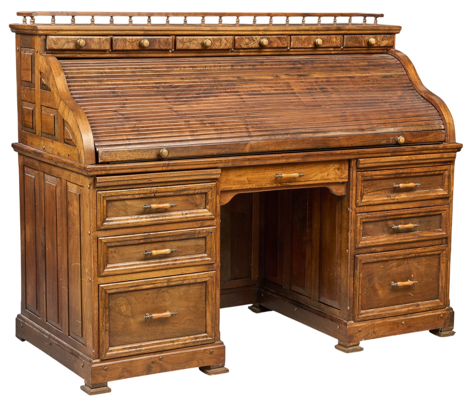 1876 Schooner Roll Top Desk: Unique roll-top desk crafted from English black walnut, walnut burl, and red poplar salvaged from the 1876 schooner Santa Clara, which sank in 1939 and was salvaged in 1948; round bronze plugs