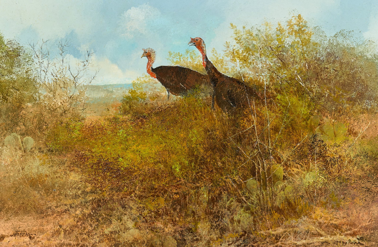 Raul Gutierrez, "Texas Pride": Raul Gutierrez (Texas, b. 1935), "Texas Pride", scene with two turkeys, oil on panel, signed lower left, signed and titled on the verso sight: 16 x 24 in., frame: 21 x 29 in.