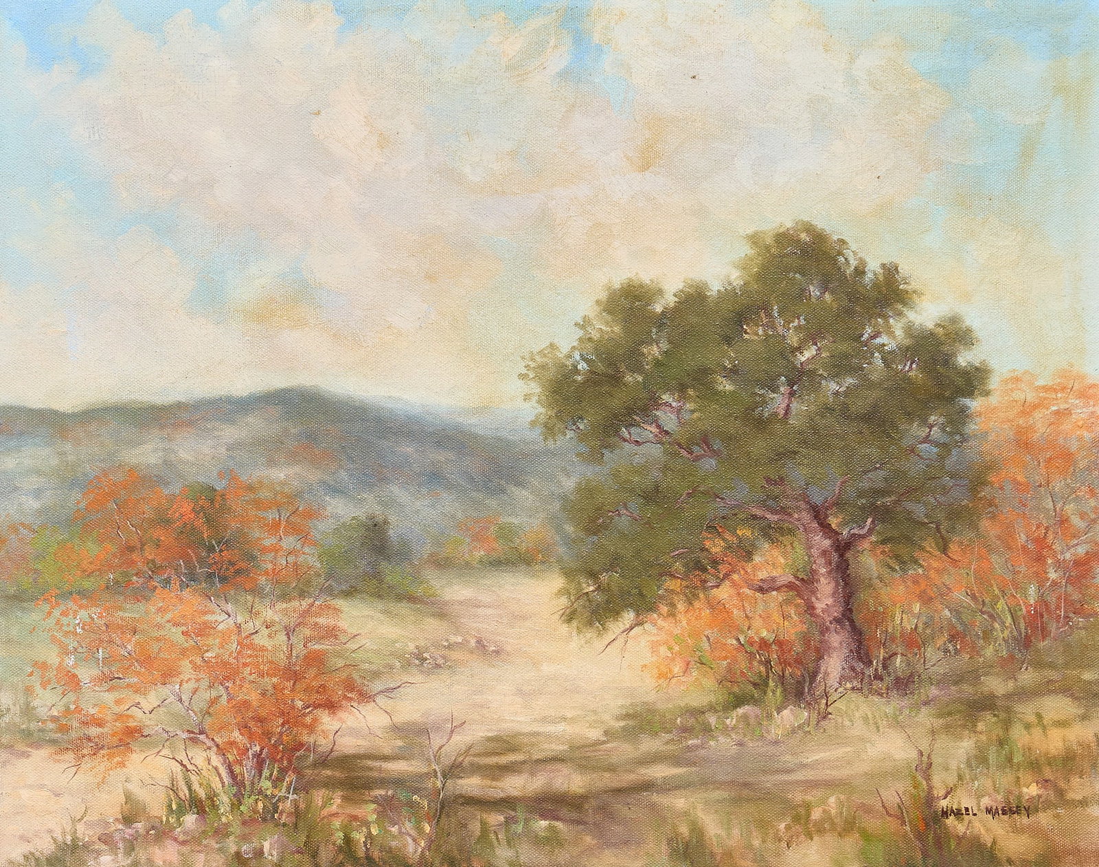 Hazel Massey, "Sumac (Camp Bullis)": Hazel Massey (Texas, 1907-1990), "Sumac (Camp Bullis)", oil on canvas, signed lower right, titled on top stretcher bar sight: 16 x 20 in., frame: 24.5 x 28.5 in. Provenance: Property