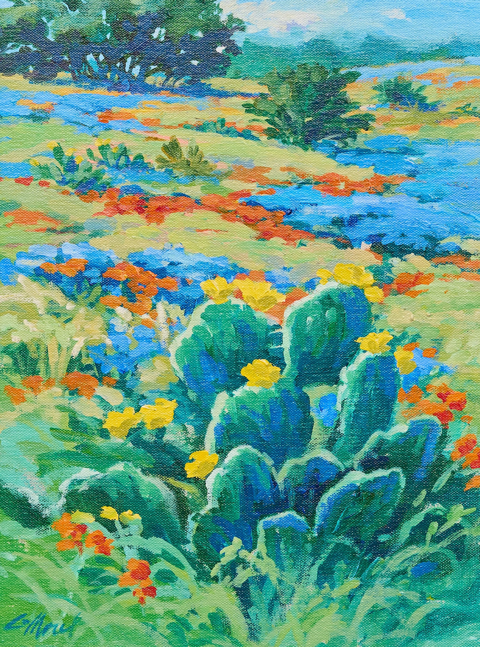 J. Chris Morel, Flowering Cactus: J. Chris Morel (New Mexico, b. 1958), Texas landscape with flowering cactus and bluebonnets, oil on canvas, signed lower left, with artist's business card affixed sight: 16 x 12 in., fr