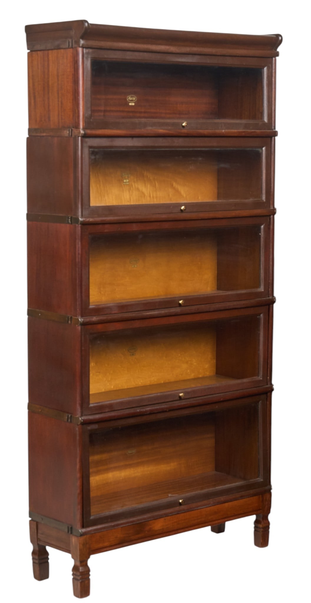 Antique Macey 5-Tier Stacking Bookcase: Antique Macey Company five-tier stacking barrister bookcase with glass-front doors, supported on block legs, marked with Macey sticker label, circa 1900s-1920s height 71 in. x width 34 in. x depth 12 