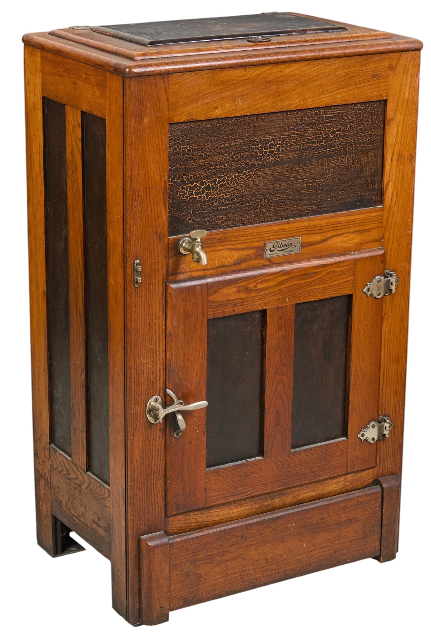 Vintage Gibson Ice Box: Vintage Gibson oak icebox with iron hardware, circa 1920s height 45 in. x width 26 in. x depth 17 in. Provenance: Property from a home in San Antonio, Texas 