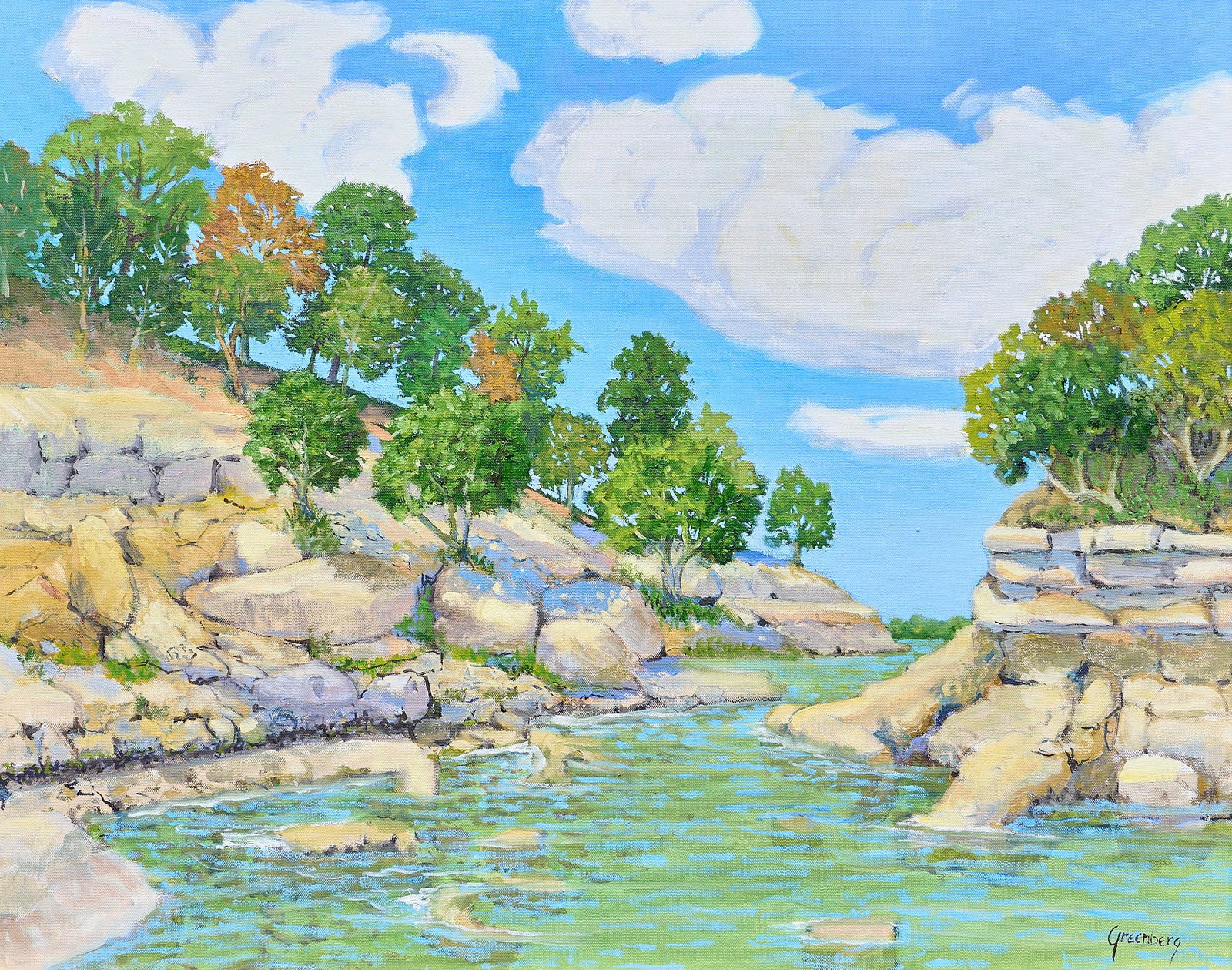 Jerry Greenberg, Hill Country Bluffs: Jerry Greenberg (Texas, b. 1946), Hill Country river with bluffs, oil on canvas, signed lower right sight: 24 x 30 in., frame: 27 x 33 in. Provenance: Property from a Houston, Texas collection