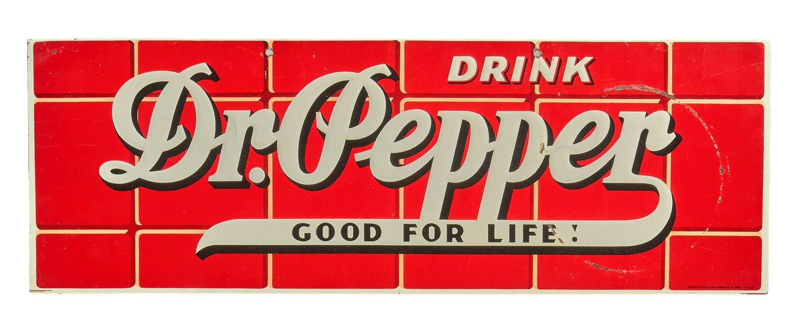 Dr. Pepper Sign, 1957: Vintage single-sided painted metal Dr. Pepper sign, dated 1957 height 6.5 in. x width 19.5 in. Provenance: Property from a New Braunfels, Texas collector of vintage signage 