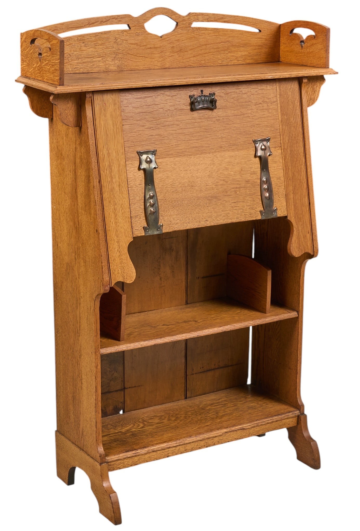 Arts & Crafts Style Bureau Bookcase: Antique Arts & Crafts style oak bureau bookcase with drop-front door, and iron hardware, circa early 20th century height 49 in. x width 32 in. x depth 13 in. Provenance: Property from a