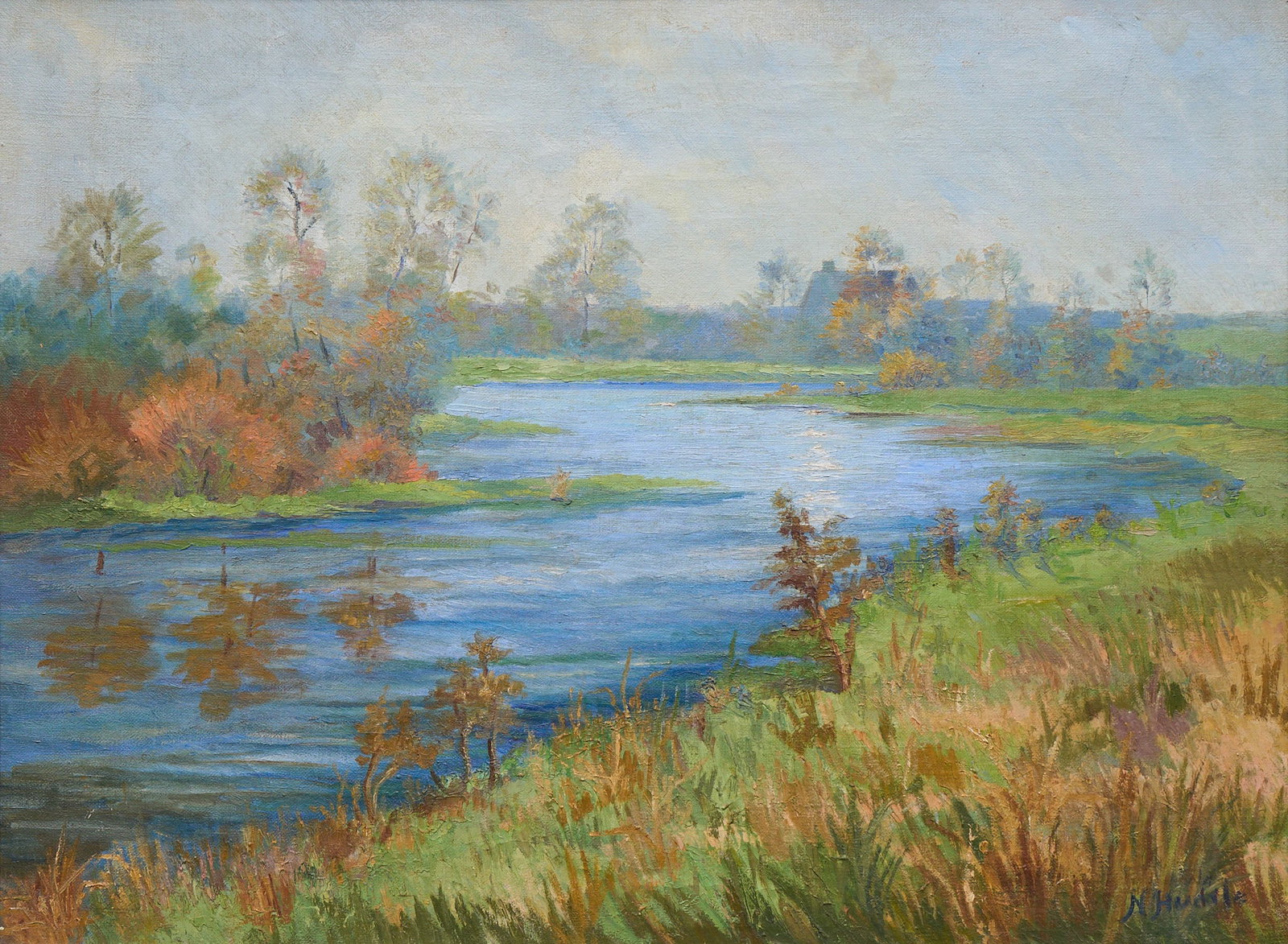 Nannie Huddle, River Landscape: Nannie Zenobia (Carver) Huddle (Texas, 1860-1951), landscape with bend in the river, oil on canvas, with very old patch repair potentially done by artist sight: 27 x 36 in., frame: 33 x 42 in.