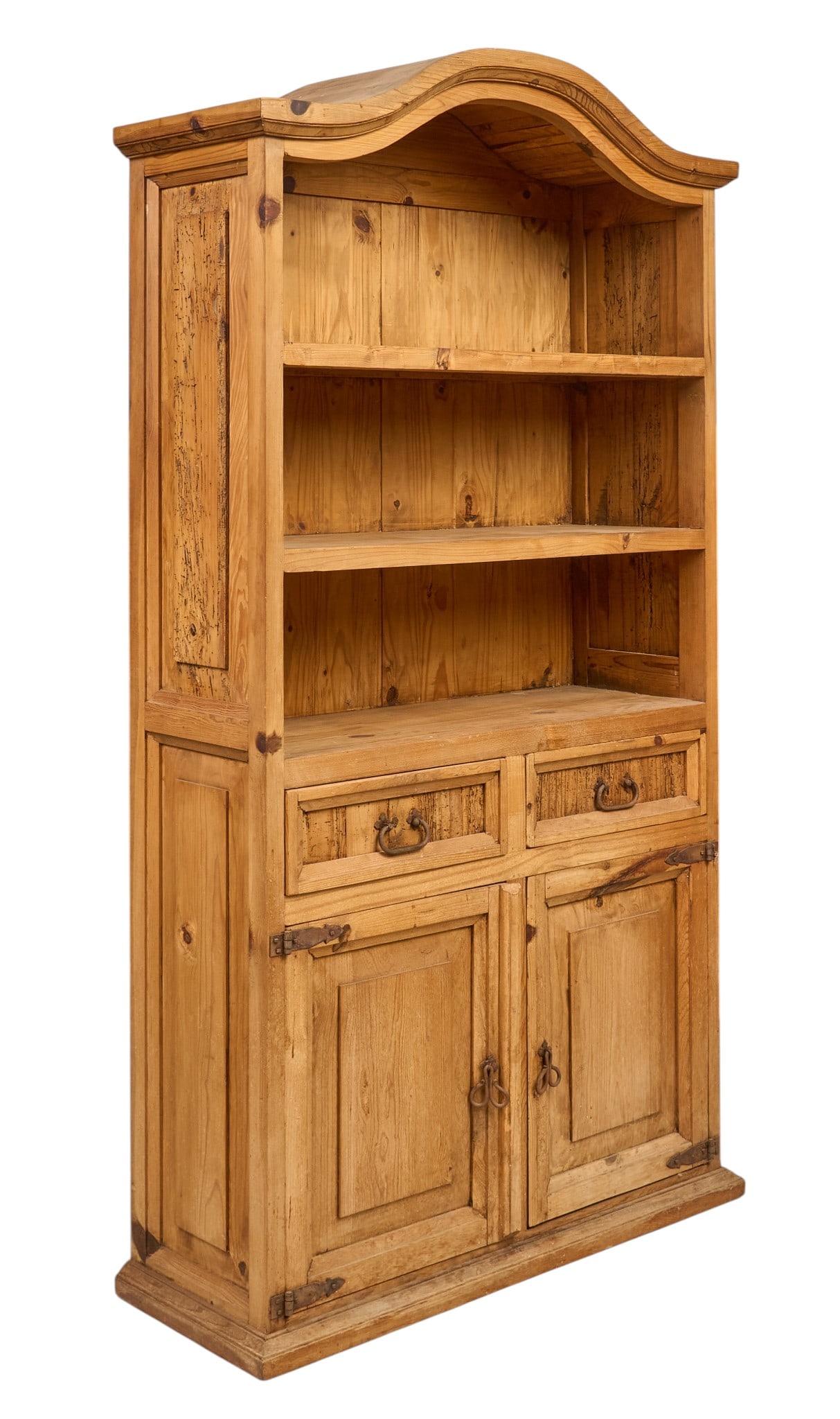 Rustic Bookshelf: Rustic pine bookshelf with three open shelves above two drawers and two cabinet doors, marked 'Made in Mexico' height 75 in. x width 43 in. x depth 16 in. Provenance: Property from a home in