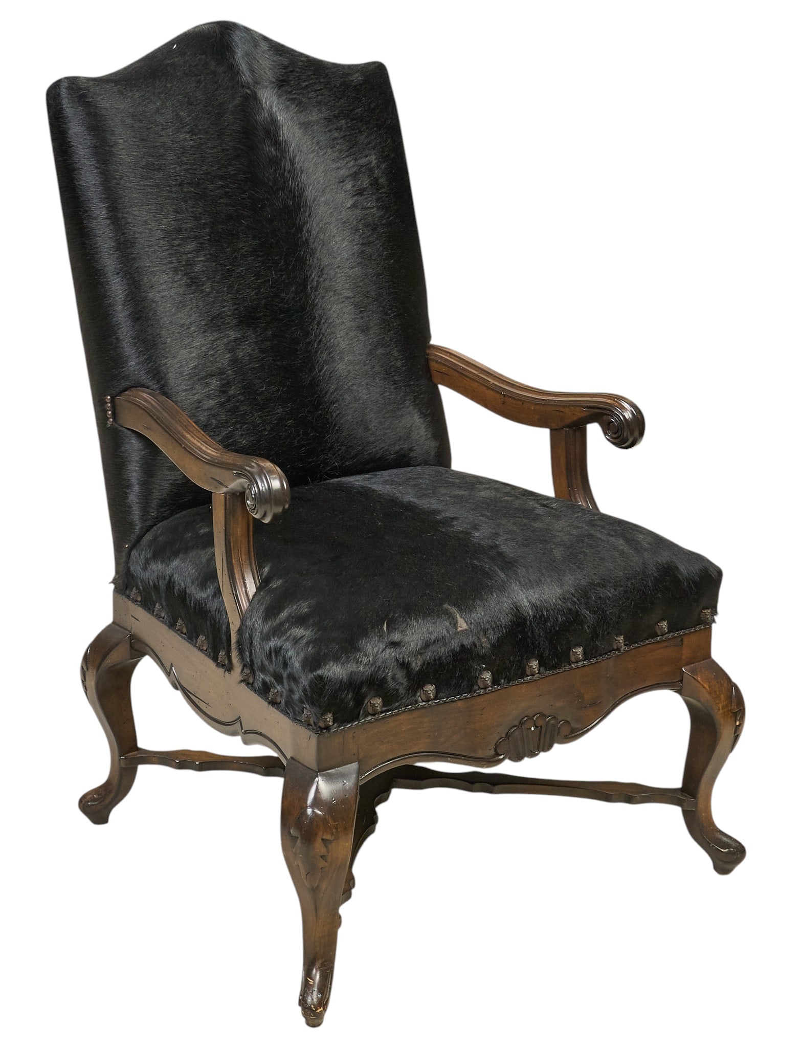 Ranch Style Pony Hide Armchair: Ranch style armchair with black pony hair on hide upholstery and carved frame height 49 in. x width 32 in. x depth 34 in. Provenance: Property from the Estate of Robert A. "Bob" Funk