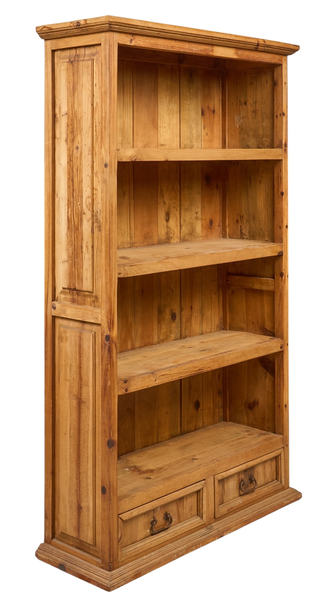 Rustic Bookshelf: Rustic pine bookshelf with four open shelves and two drawers at the base, marked 'Made in Mexico' with a metal tag height 75 in. x width 43 in. x depth 15.5 in.