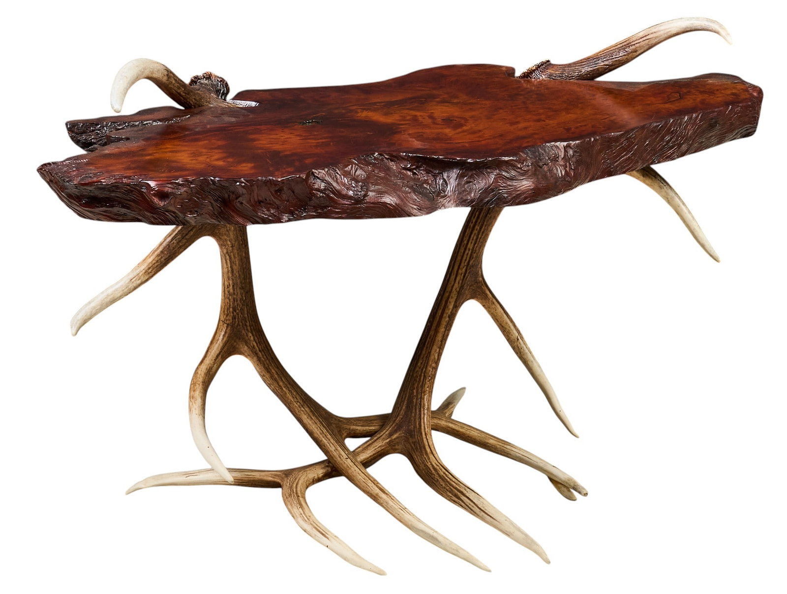 Ranch Style Entry Table: Ranch style entry table with live edge top, on antler legs height 34 in. x width 56 in. x depth 25 in. Provenance: Property from the Estate of Robert A. "Bob" Funk Sr. - trailblazing