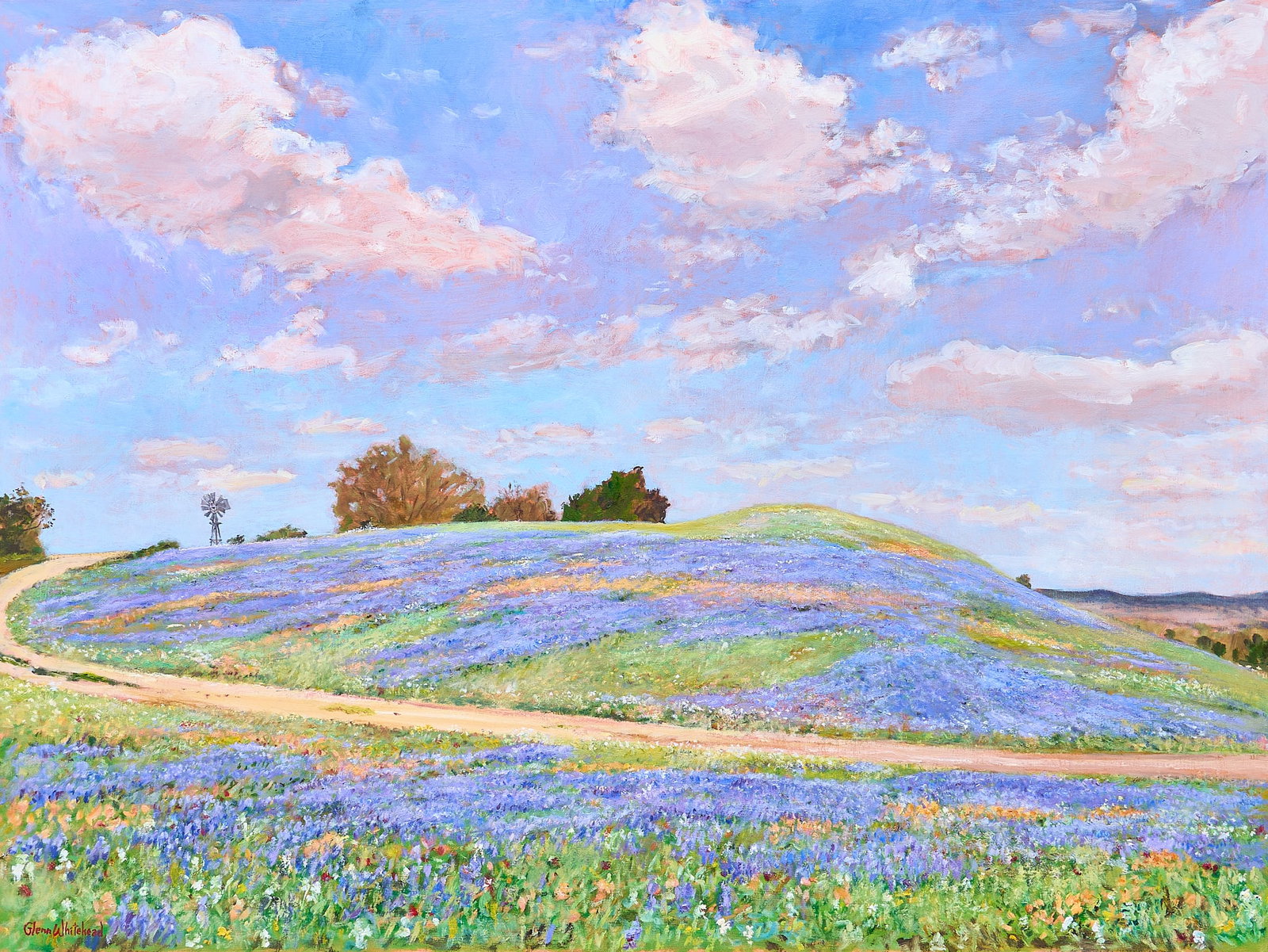 Glenn Whitehead, Hillside Bluebonnets: Glenn Whitehead (Texas, b. 1940), Texas landscape with bluebonnets and wildflowers, oil on canvas, signed lower left sight: 36 x 48 in., frame: 38 x 50 in. Provenance: Property from a