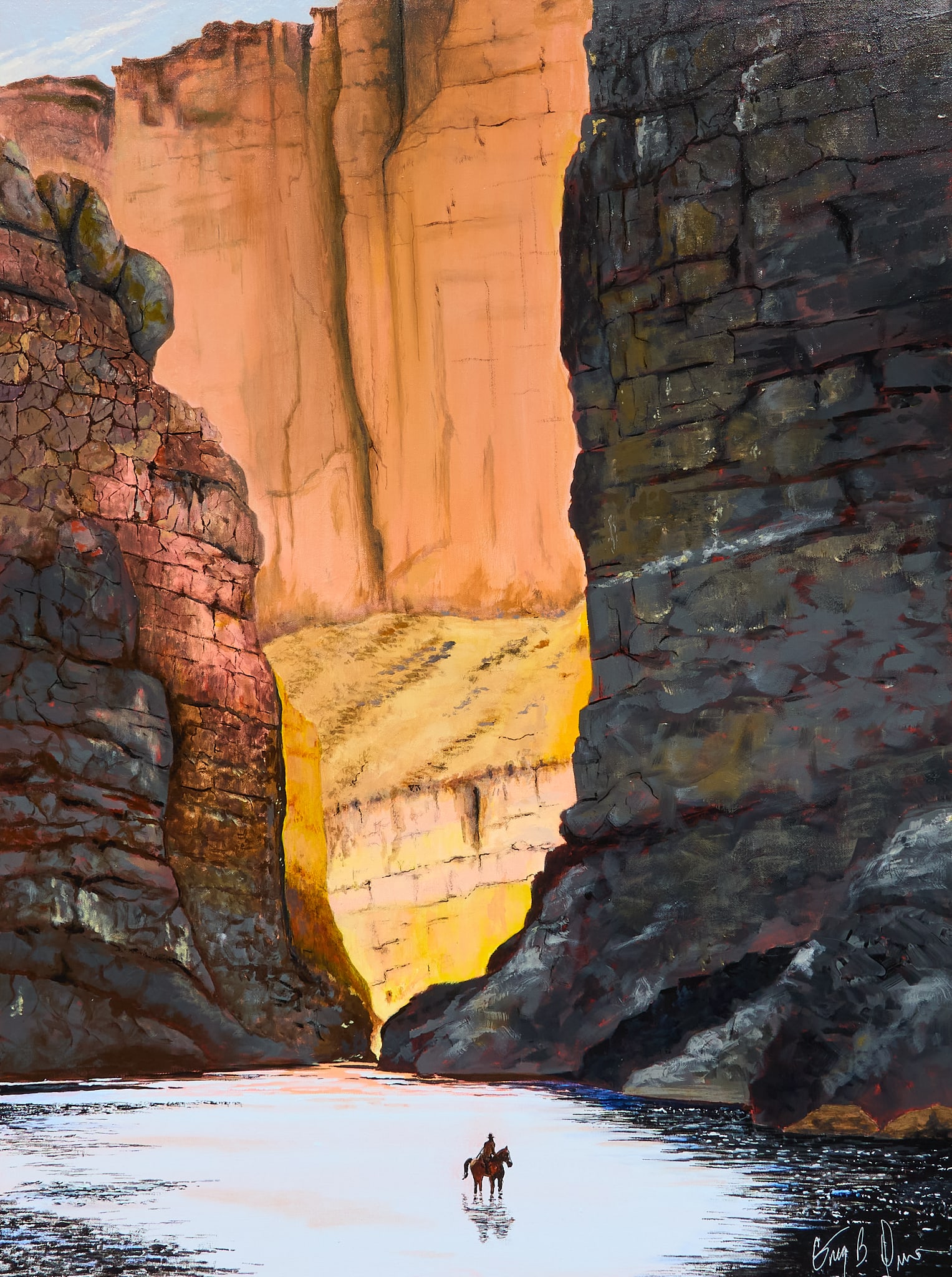 Greg Drew, "The Canyon III": Greg Drew (Texas, 20th-21st C.), "The Canyon III", acrylic on canvas, signed lower right sight: 40 x 30 in., frame: 42.5 x 32.5 in. Provenance: Property from a home in San Antonio,