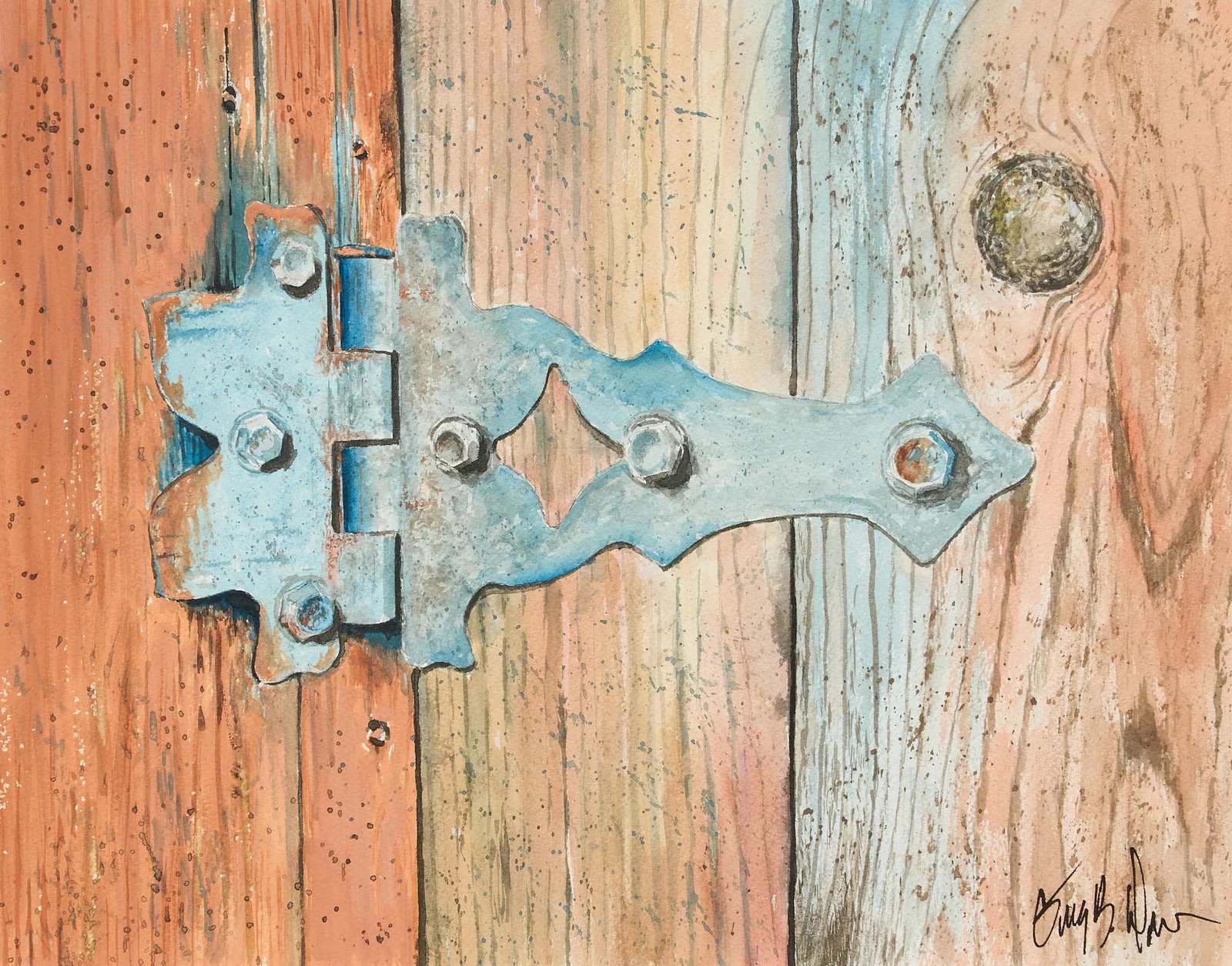 Greg Drew, "Hinged": Greg Drew (Texas, 20th-21st C.), "Hinged", watercolor on watercolor paper, signed lower right sight: 11 x 14 in., frame: 19.5 x 23.5 in. Provenance: Property from a home in San