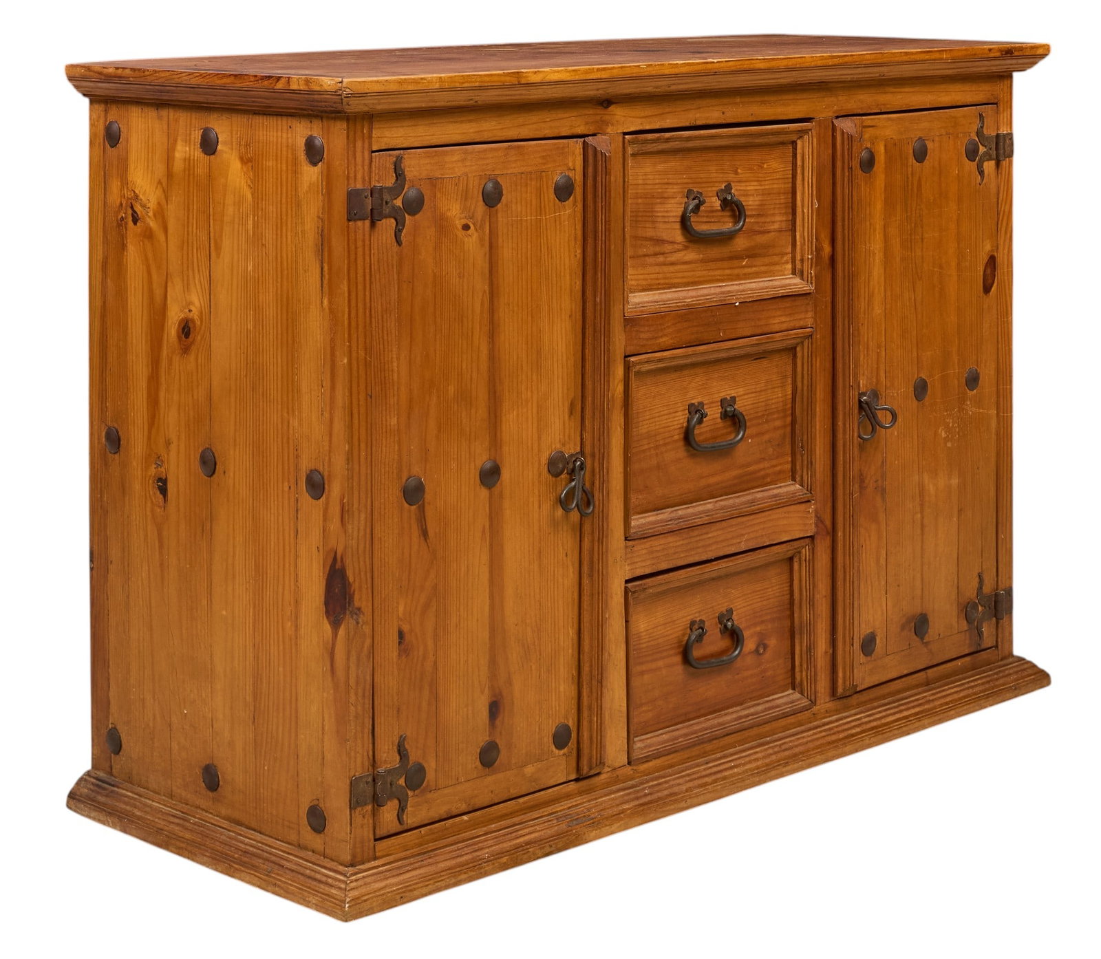 Spanish Colonial Style Sideboard: Rustic Spanish Colonial style pine sideboard with cabinet and drawer storage, and iron hardware height 34 in. x width 48 in. x depth 20 in. Provenance: Property from a home in Rockport, Texas