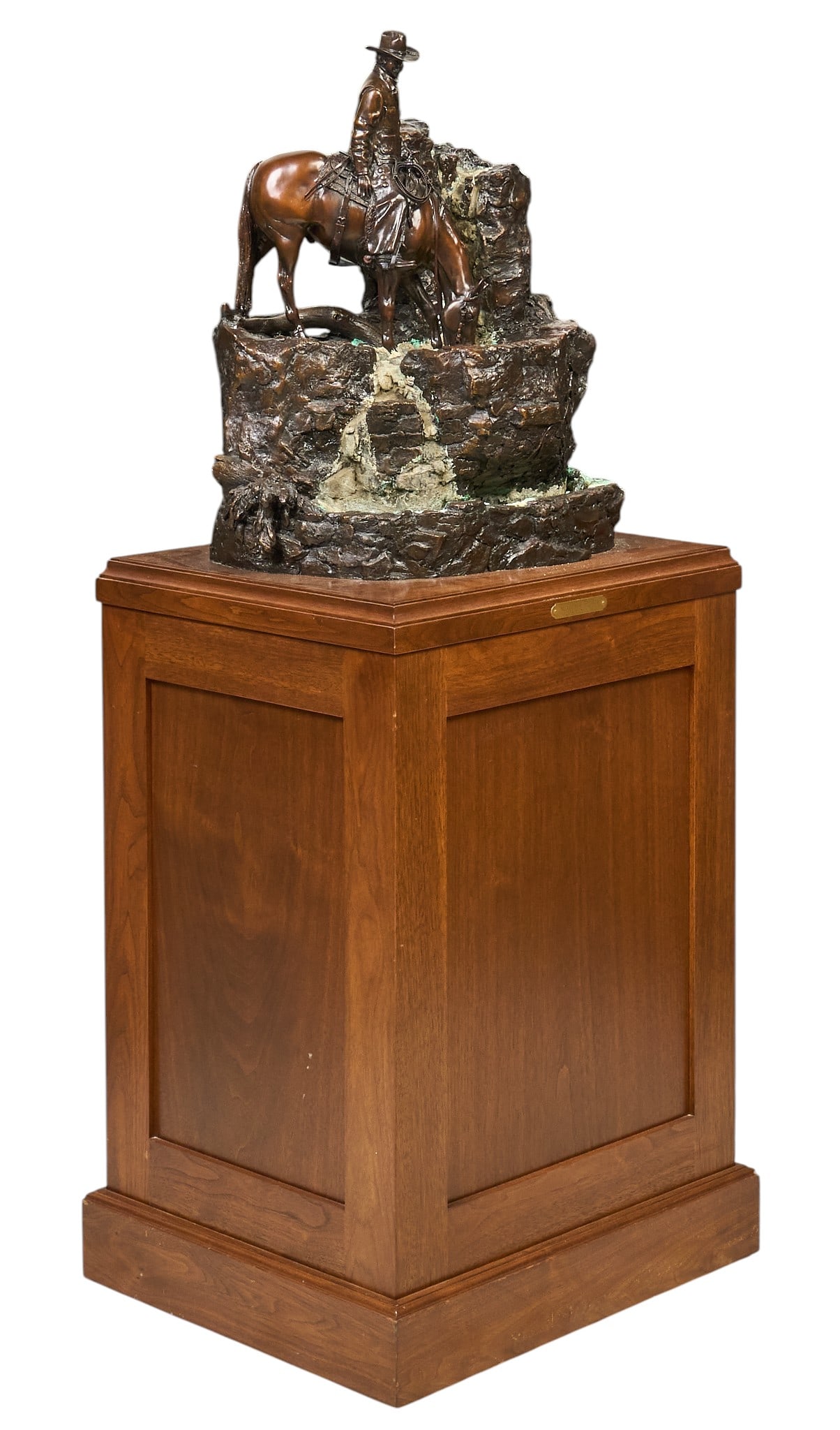 Linda Stewart, "A Quiet Place" Fountain: Linda S. Stewart (Canada, b. 1950), "A Quiet Place", sculptural artist-cast bronze fountain with incised signature and edition number 4/35, atop custom wood pedestal height 55 in. x width
