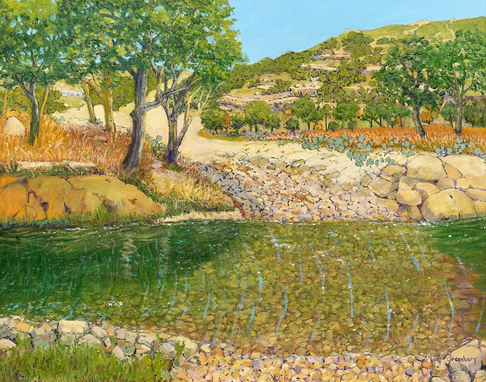 Jerry Greenberg, Low Water Crossing: Jerry Greenberg (Texas, b. 1946), low water crossing near Camp Stewart in Hunt, Texas, oil on canvas, signed lower right sight: 24 x 30 in., frame: 27 x 33 in. Provenance: Property from a Houston